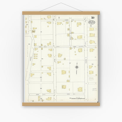 Old map wall art mockup — magnetic wood frame on white wall — Sanborn Fire Insurance Map from Monroe, Union County, North Carolina (1914), Sheet #0010