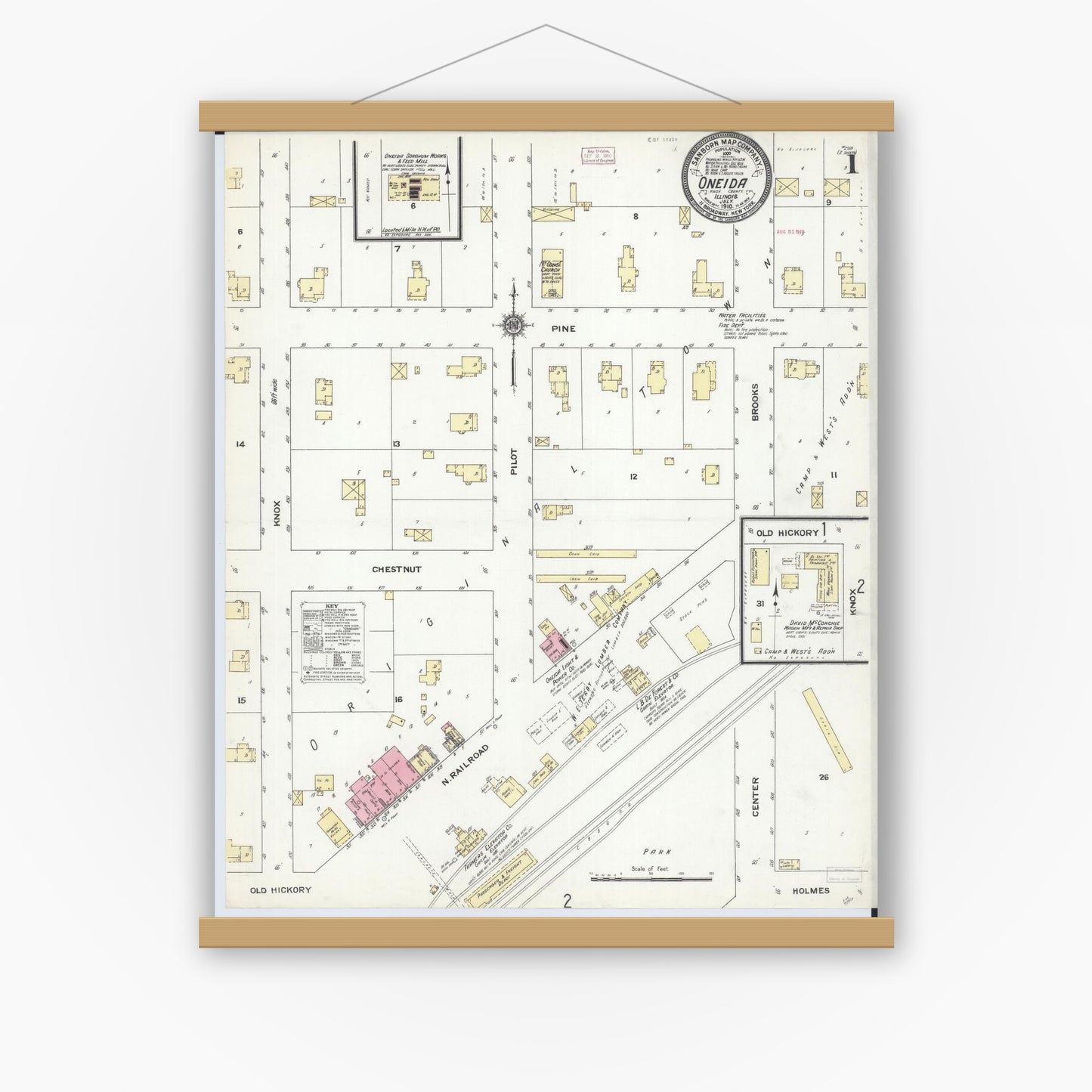 Old map wall art mockup — magnetic wood frame on white wall — Sanborn Fire Insurance Map from Oneida, Knox County, Illinois (1910), Sheet #0001