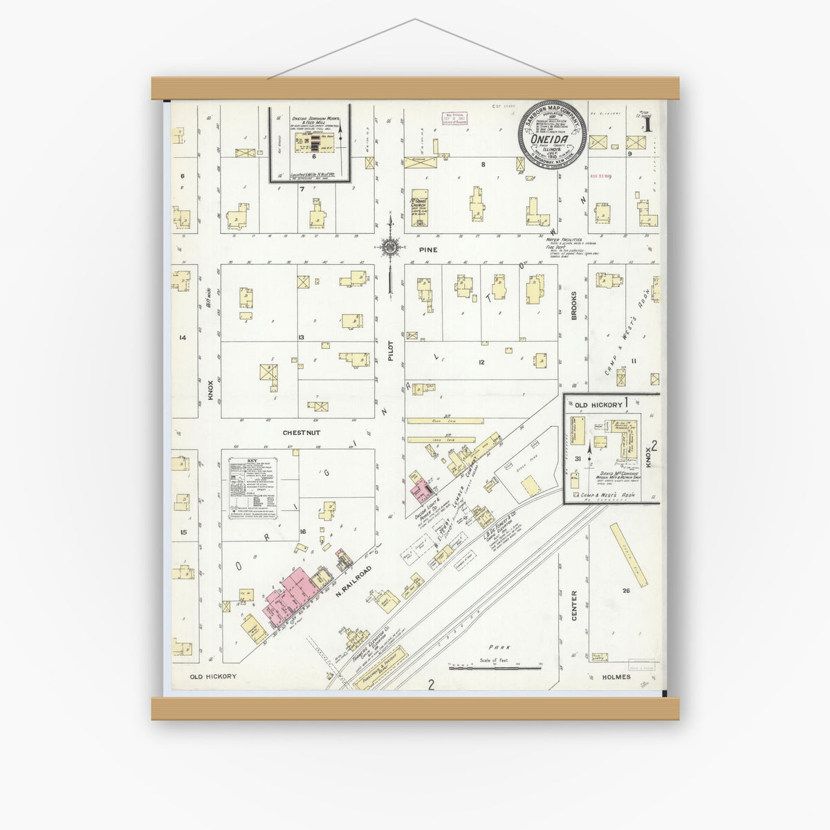 Old map wall art mockup — magnetic wood frame on white wall — Sanborn Fire Insurance Map from Oneida, Knox County, Illinois (1910), Sheet #0001