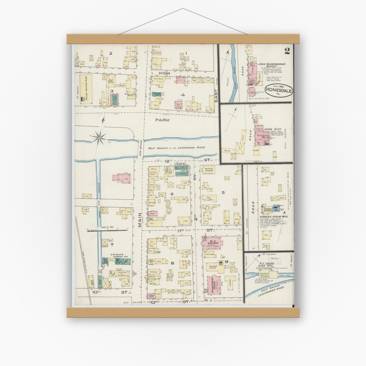 Old map wall art mockup — magnetic wood frame on white wall — Sanborn Fire Insurance Map from Honesdale, Wayne County, Pennsylvania (1885), Sheet #0002