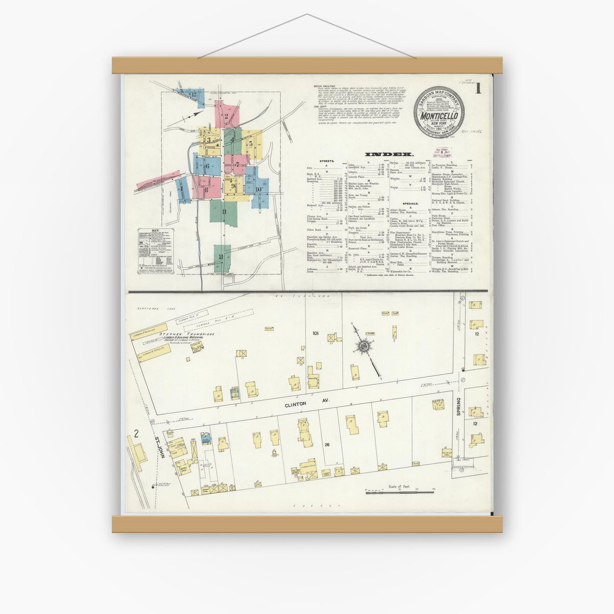 Old map wall art mockup — magnetic wood frame on white wall — Sanborn Fire Insurance Map from Monticello, Sullivan County, New York (1911), Sheet #0001