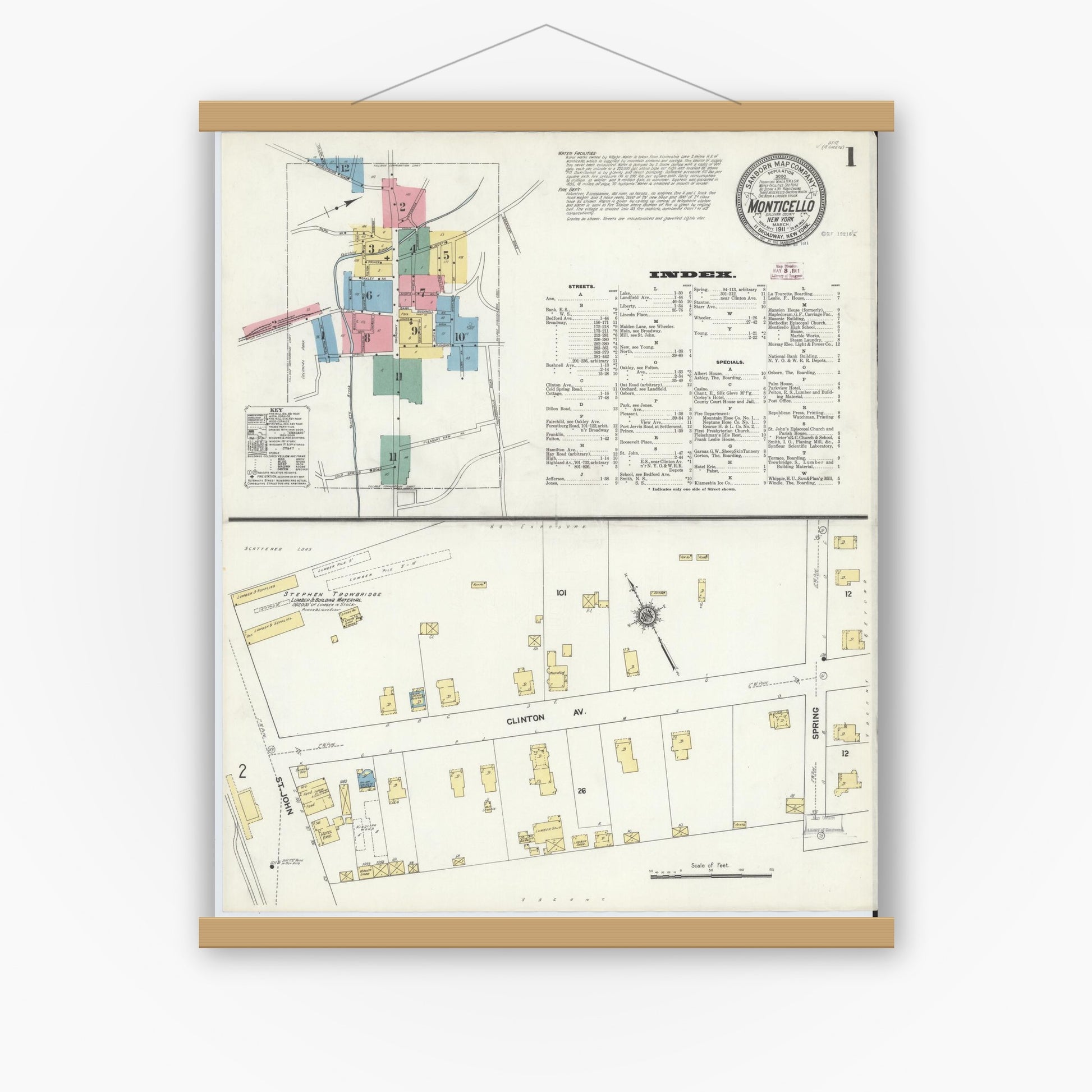 Old map wall art mockup — magnetic wood frame on white wall — Sanborn Fire Insurance Map from Monticello, Sullivan County, New York (1911), Sheet #0001