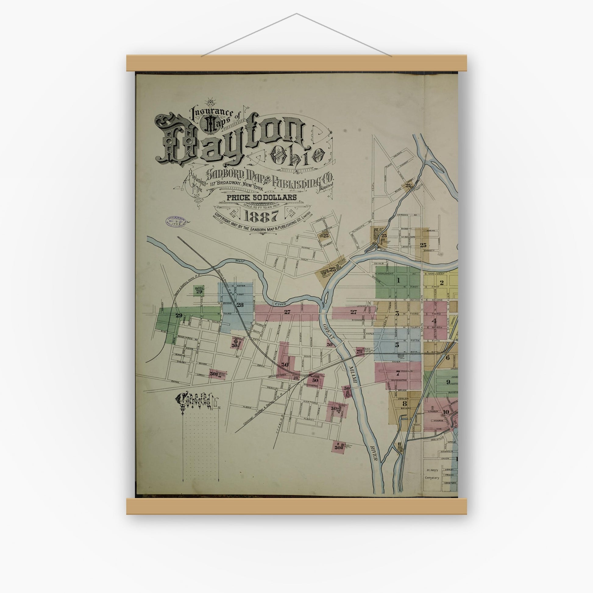 Old map wall art mockup — magnetic wood frame on white wall — Sanborn Fire Insurance Map from Dayton, Montgomery County, Ohio (1887), Sheet #0001