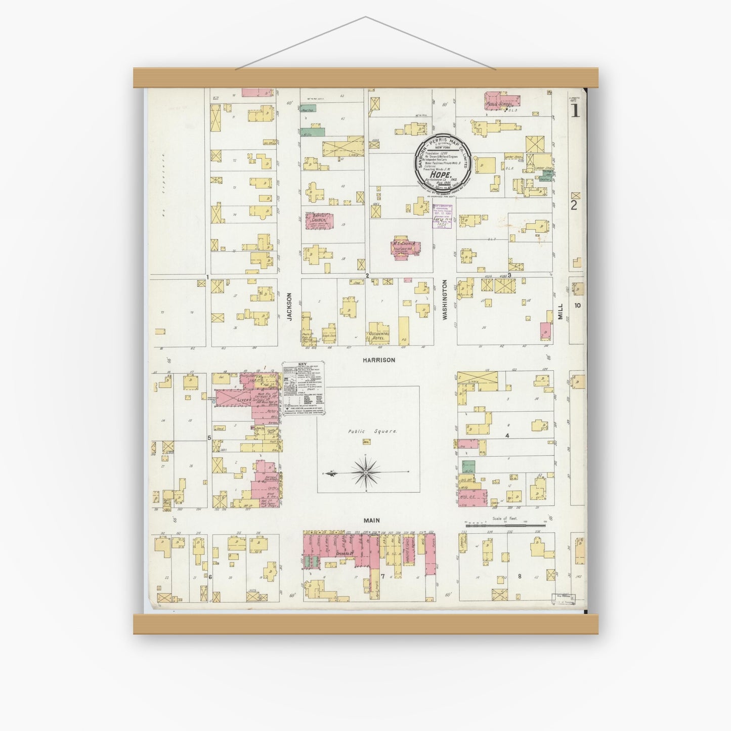 Old map wall art mockup — magnetic wood frame on white wall — Sanborn Fire Insurance Map from Hope, Bartholomew County, Indiana (1901) - Complete Map Set