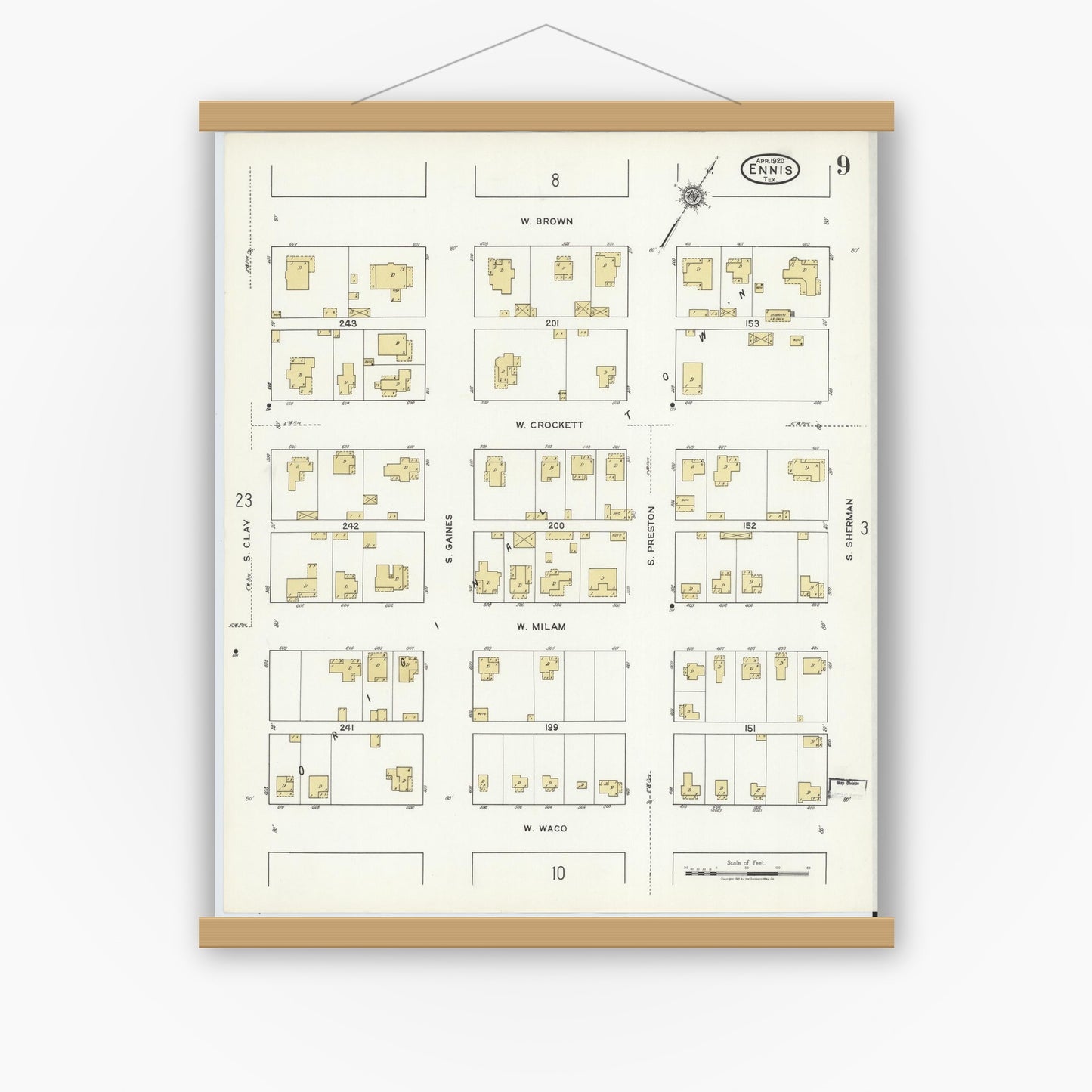 Old map wall art mockup — magnetic wood frame on white wall — Sanborn Fire Insurance Map from Ennis, Ellis County, Texas (1920), Sheet #0009