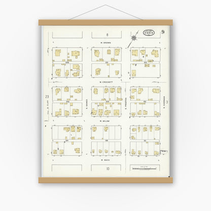 Old map wall art mockup — magnetic wood frame on white wall — Sanborn Fire Insurance Map from Ennis, Ellis County, Texas (1920), Sheet #0009