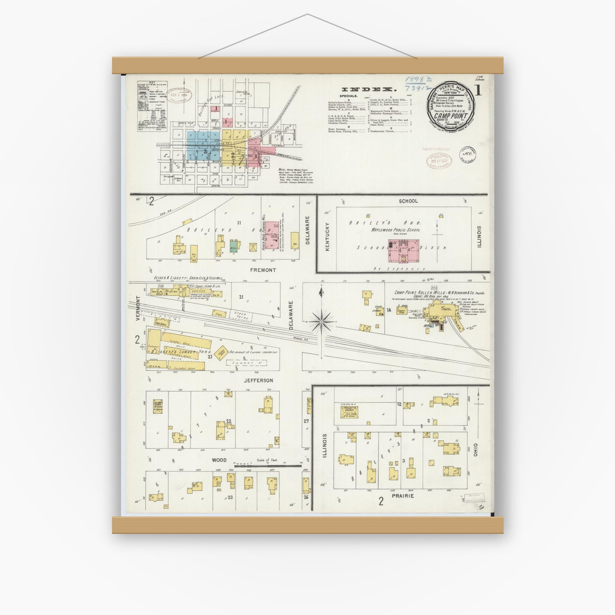 Old map wall art mockup — magnetic wood frame on white wall — Sanborn Fire Insurance Map from Camp Point, Adams County, Illinois (1898) - Complete Map Set
