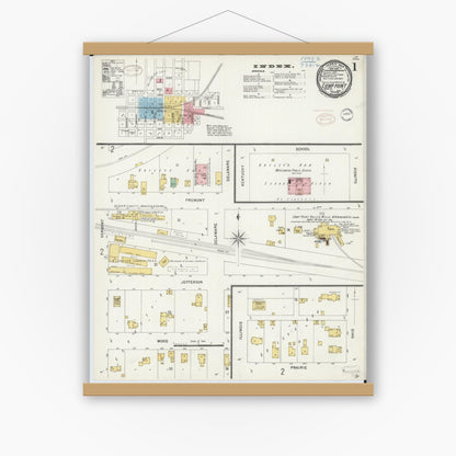 Old map wall art mockup — magnetic wood frame on white wall — Sanborn Fire Insurance Map from Camp Point, Adams County, Illinois (1898) - Complete Map Set