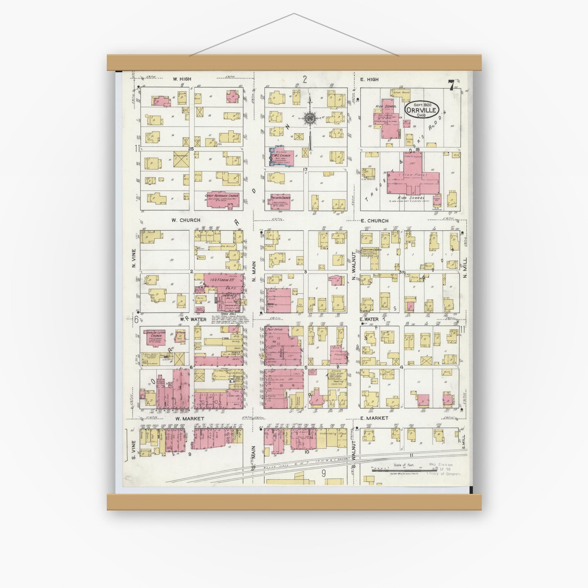 Old map wall art mockup — magnetic wood frame on white wall — Sanborn Fire Insurance Map from Orrville, Wayne County, Ohio (1920), Sheet #0007