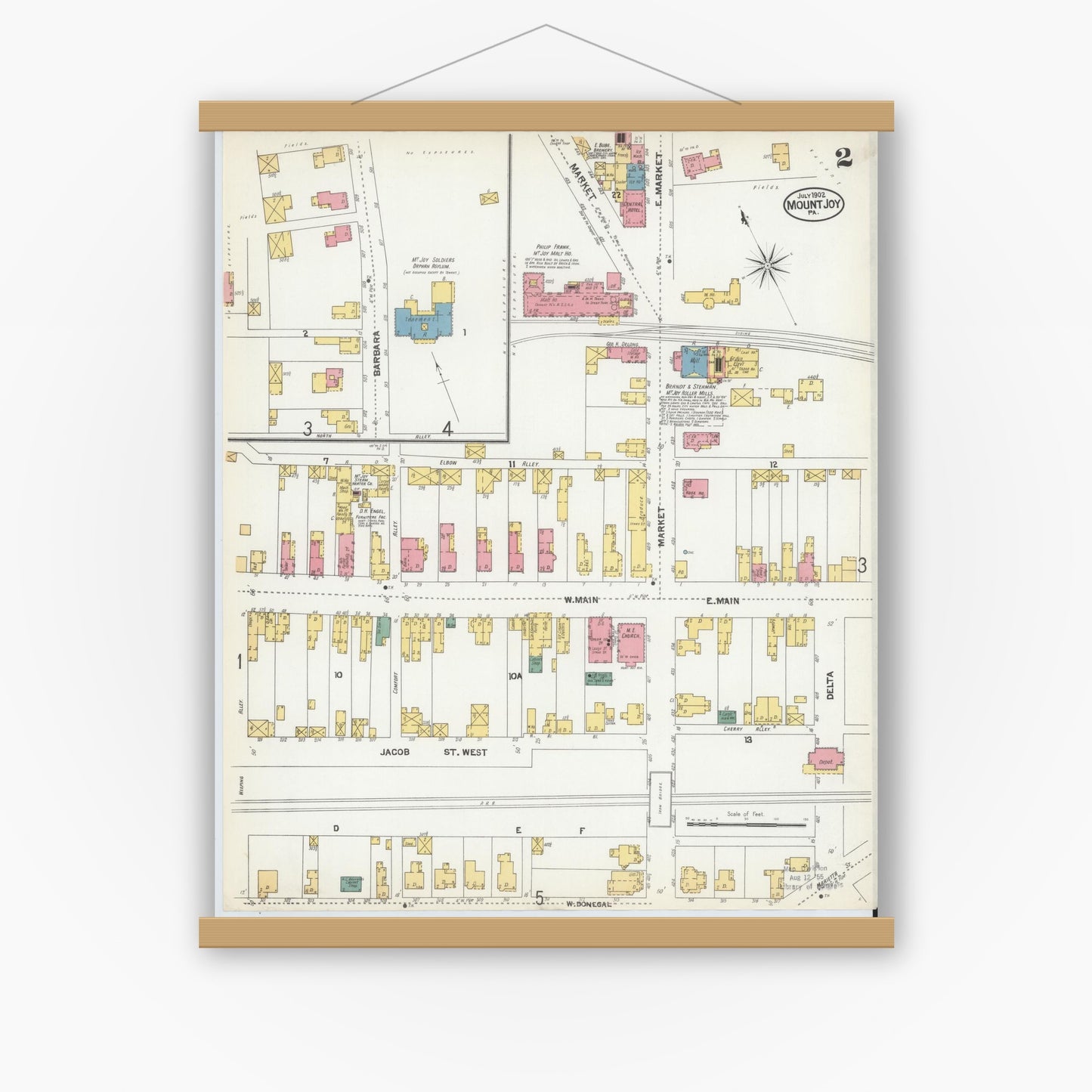 Old map wall art mockup — magnetic wood frame on white wall — Sanborn Fire Insurance Map from Mount Joy, Lancaster County, Pennsylvania (1902), Sheet #0002