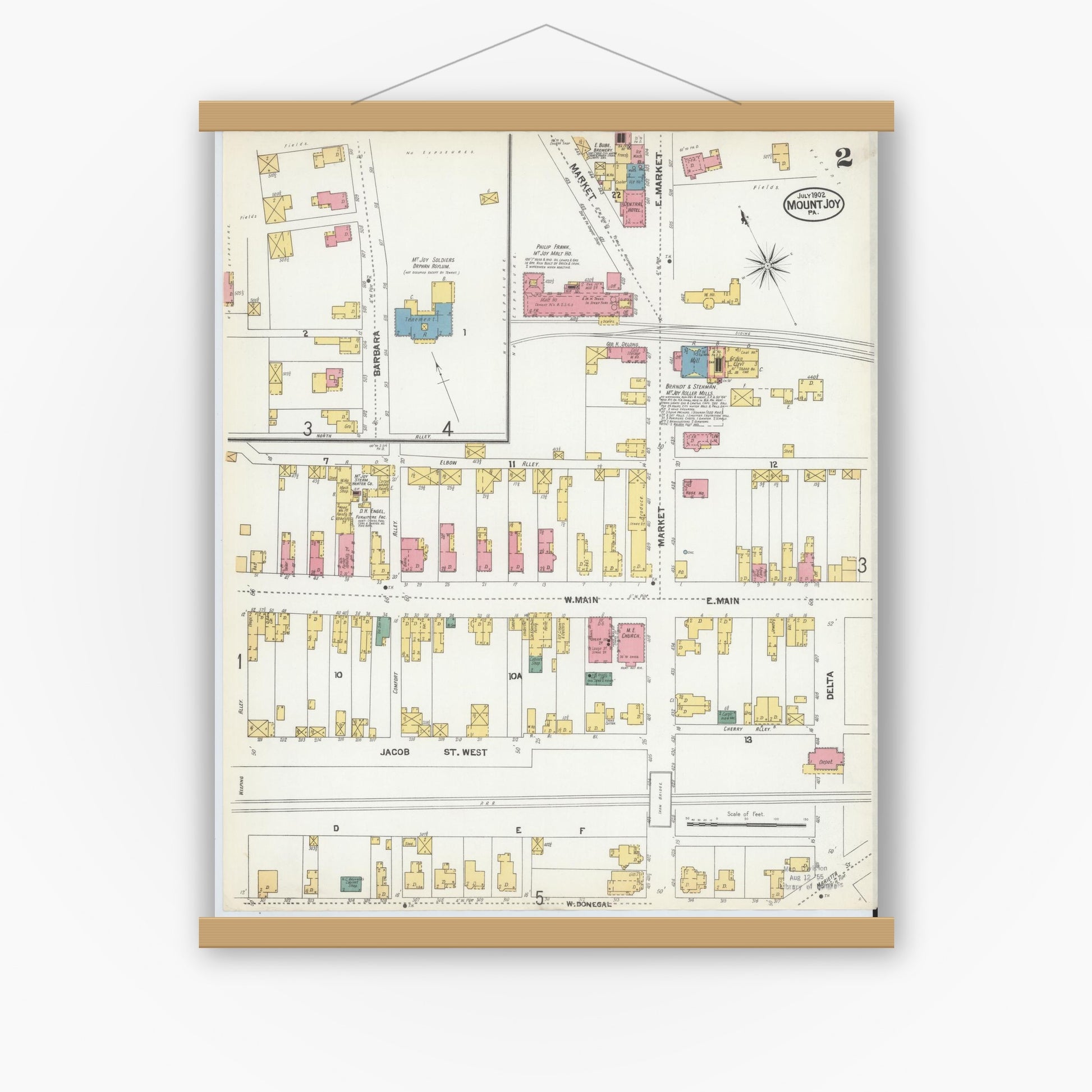 Old map wall art mockup — magnetic wood frame on white wall — Sanborn Fire Insurance Map from Mount Joy, Lancaster County, Pennsylvania (1902), Sheet #0002