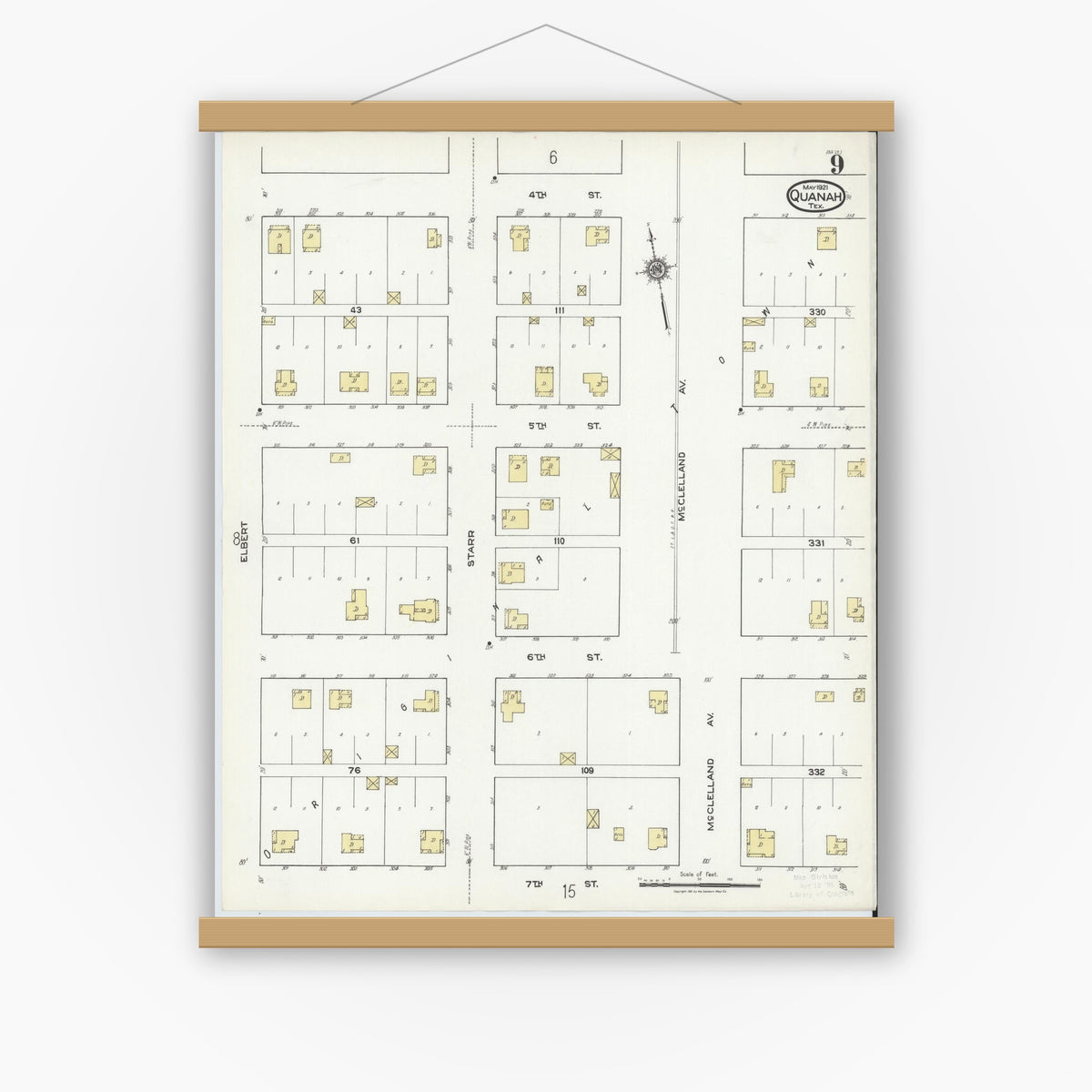 Old map wall art mockup — magnetic wood frame on white wall — Sanborn Fire Insurance Map from Quanah, Hardeman County, Texas (1921), Sheet #0009