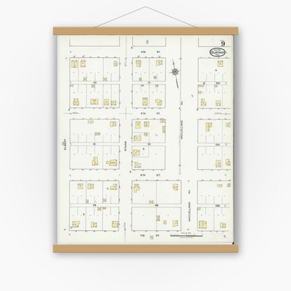 Old map wall art mockup — magnetic wood frame on white wall — Sanborn Fire Insurance Map from Quanah, Hardeman County, Texas (1921), Sheet #0009