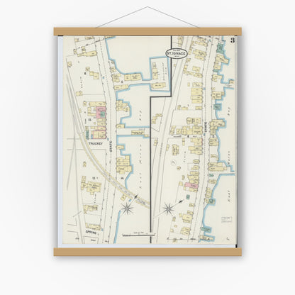 Old map wall art mockup — magnetic wood frame on white wall — Sanborn Fire Insurance Map from Saint Ignace, Mackinac County, Michigan (1890), Sheet #0003