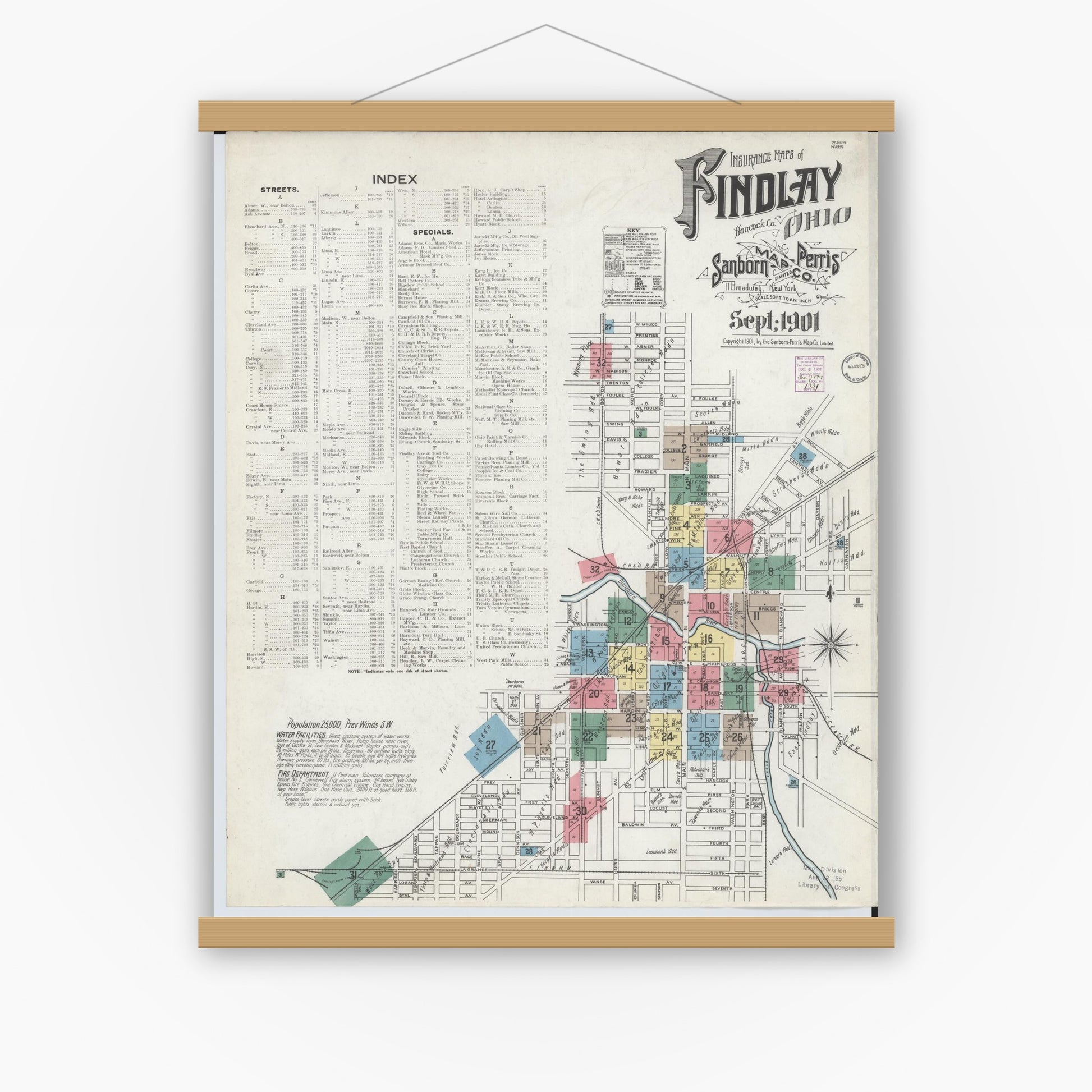 Old map wall art mockup — magnetic wood frame on white wall — Sanborn Fire Insurance Map from Findlay, Hancock County, Ohio (1901) - Complete Map Set