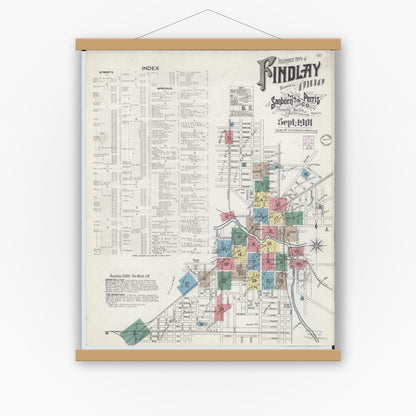Old map wall art mockup — magnetic wood frame on white wall — Sanborn Fire Insurance Map from Findlay, Hancock County, Ohio (1901) - Complete Map Set