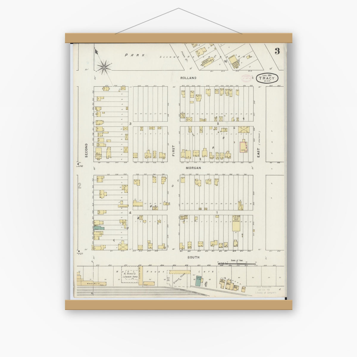 Old map wall art mockup — magnetic wood frame on white wall — Sanborn Fire Insurance Map from Tracy, Lyon County, Minnesota (1894), Sheet #0003