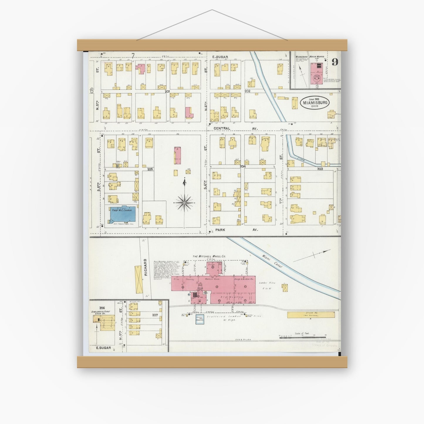 Old map wall art mockup — magnetic wood frame on white wall — Sanborn Fire Insurance Map from Miamisburg, Montgomery County, Ohio (1905), Sheet #0009