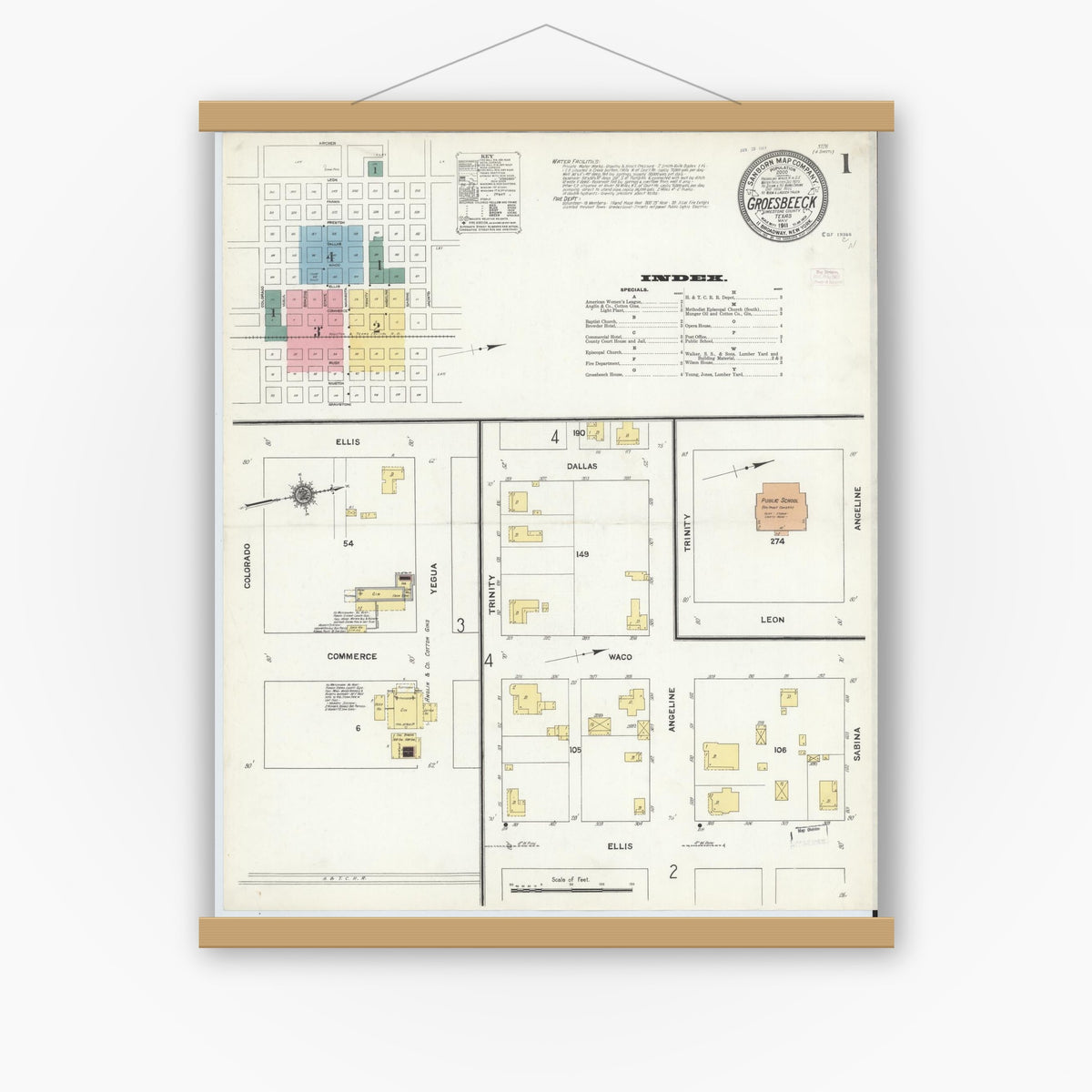 Old map wall art mockup — magnetic wood frame on white wall — Sanborn Fire Insurance Map from Groesbeck, Limestone County, Texas (1911) - Complete Map Set