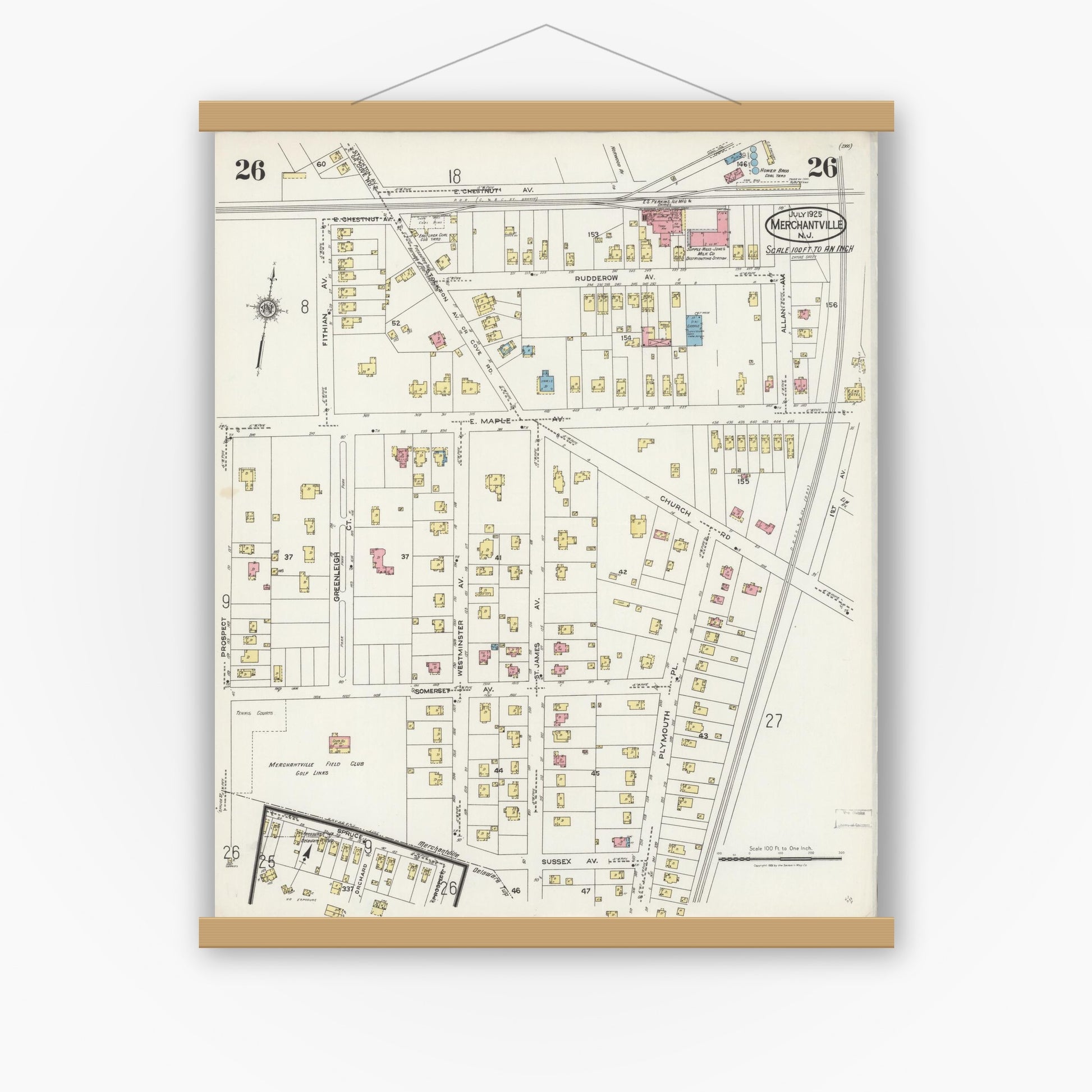 Old map wall art mockup — magnetic wood frame on white wall — Sanborn Fire Insurance Map from Merchantville, Camden County, New Jersey (1925), Sheet #0026