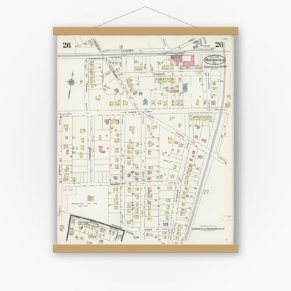 Old map wall art mockup — magnetic wood frame on white wall — Sanborn Fire Insurance Map from Merchantville, Camden County, New Jersey (1925), Sheet #0026