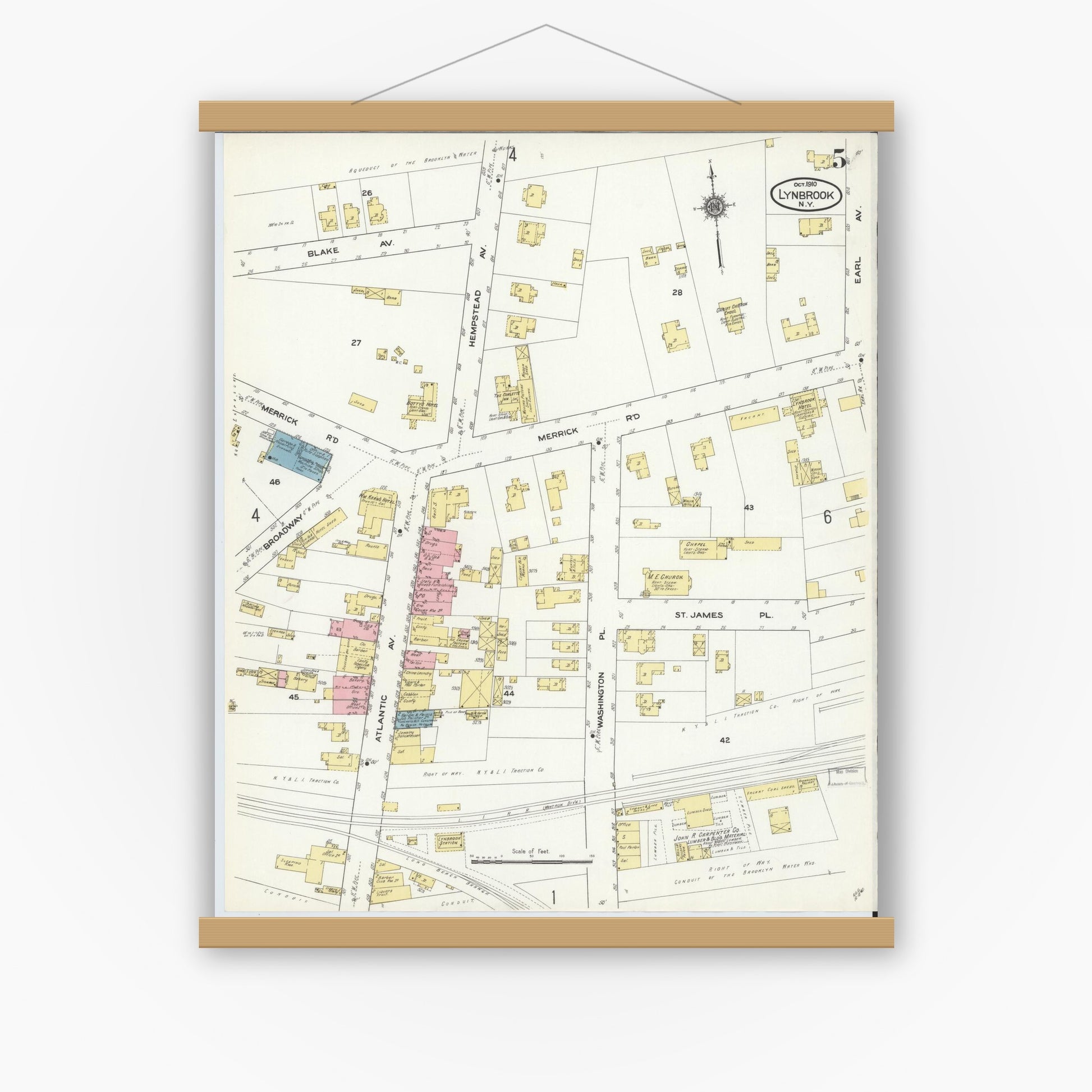 Old map wall art mockup — magnetic wood frame on white wall — Sanborn Fire Insurance Map from Lynbrook, Nassau County, New York (1910), Sheet #0005