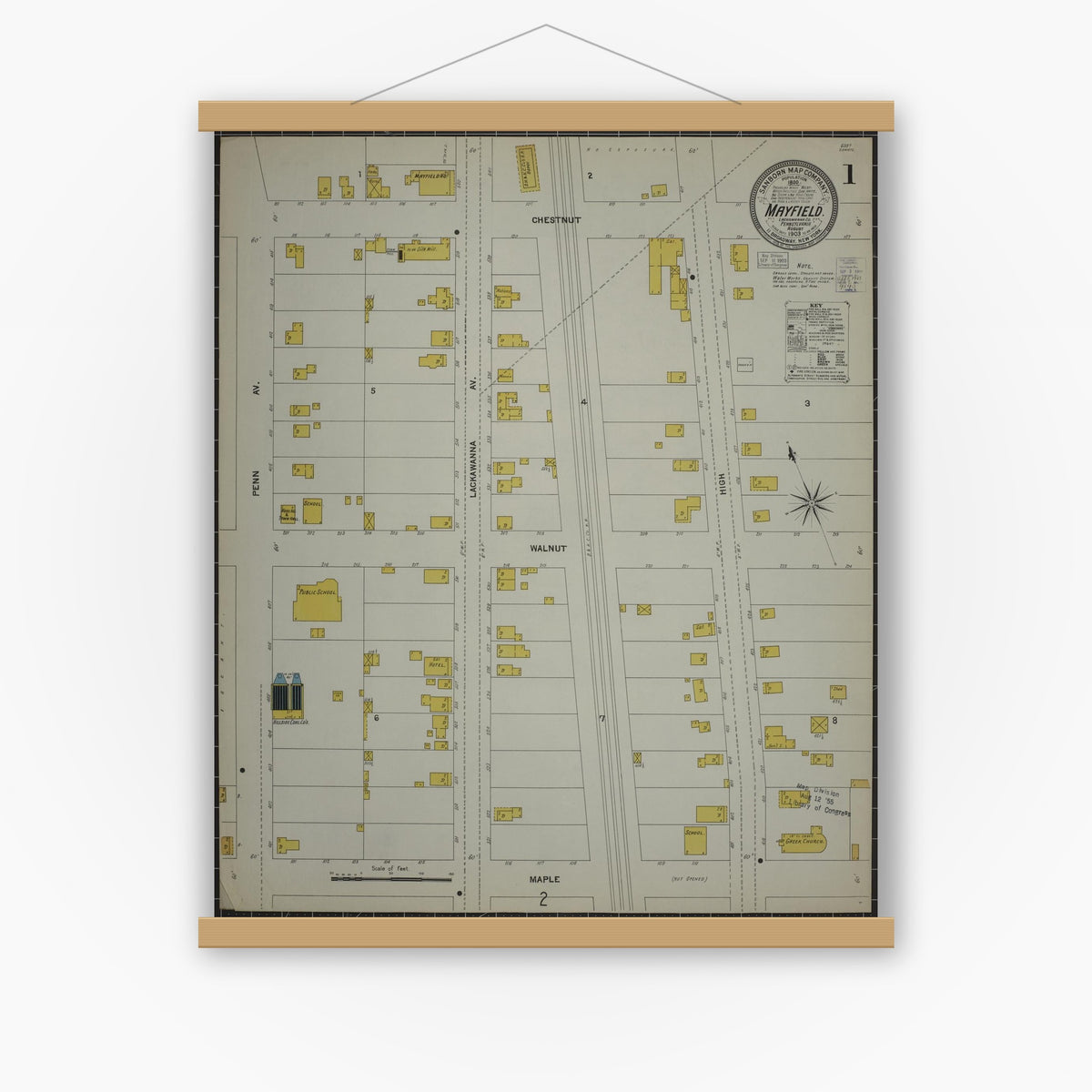 Old map wall art mockup — magnetic wood frame on white wall — Sanborn Fire Insurance Map from Mayfield, Lackawanna County, Pennsylvania (1903), Sheet #0001