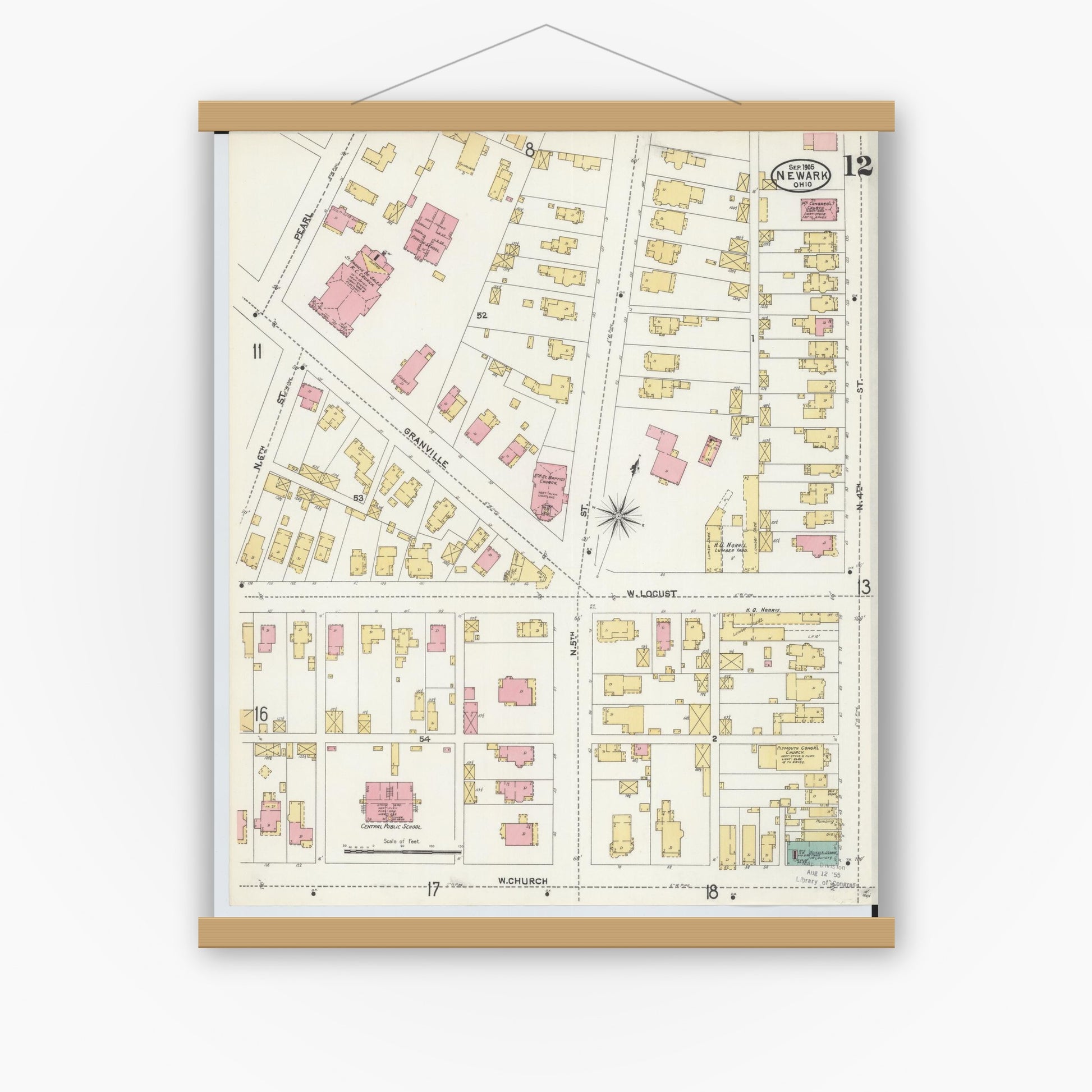 Old map wall art mockup — magnetic wood frame on white wall — Sanborn Fire Insurance Map from Newark, Licking County, Ohio (1905), Sheet #0012