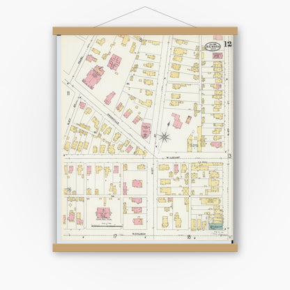 Old map wall art mockup — magnetic wood frame on white wall — Sanborn Fire Insurance Map from Newark, Licking County, Ohio (1905), Sheet #0012