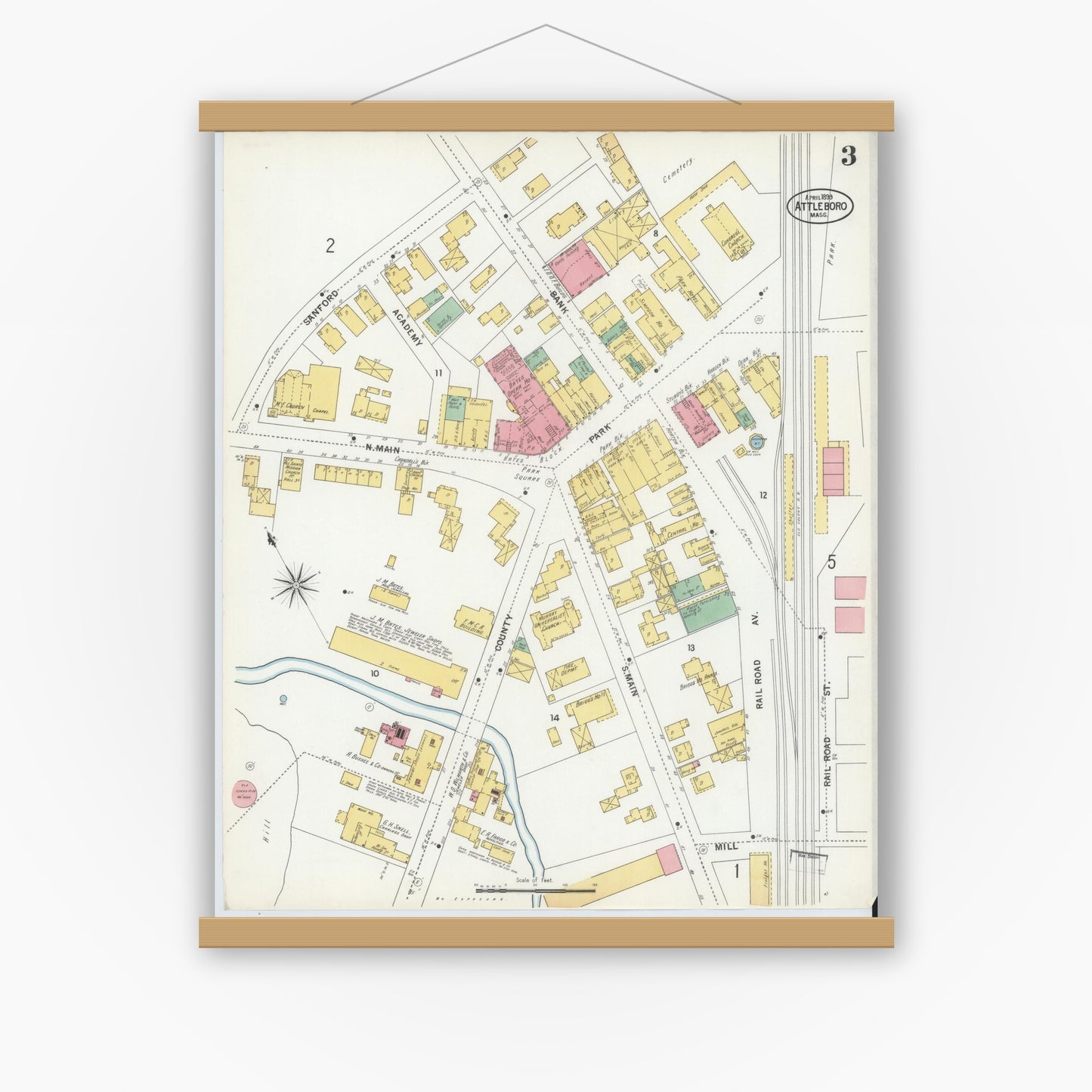 Old map wall art mockup — magnetic wood frame on white wall — Sanborn Fire Insurance Map from Attleboro, Bristol County, Massachusetts (1899), Sheet #0003