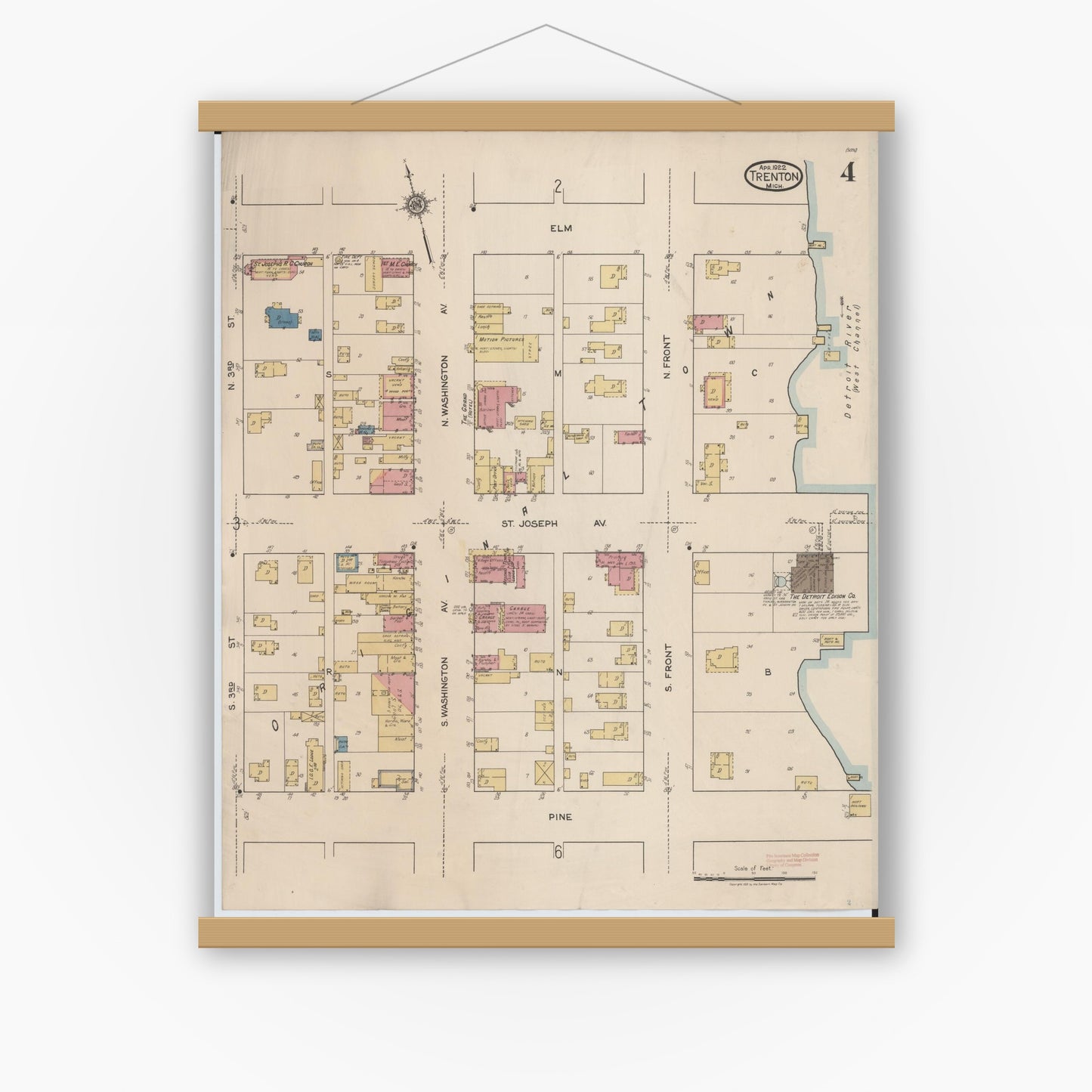 Old map wall art mockup — magnetic wood frame on white wall — Sanborn Fire Insurance Map from Trenton, Wayne County, Michigan (1922), Sheet #0004