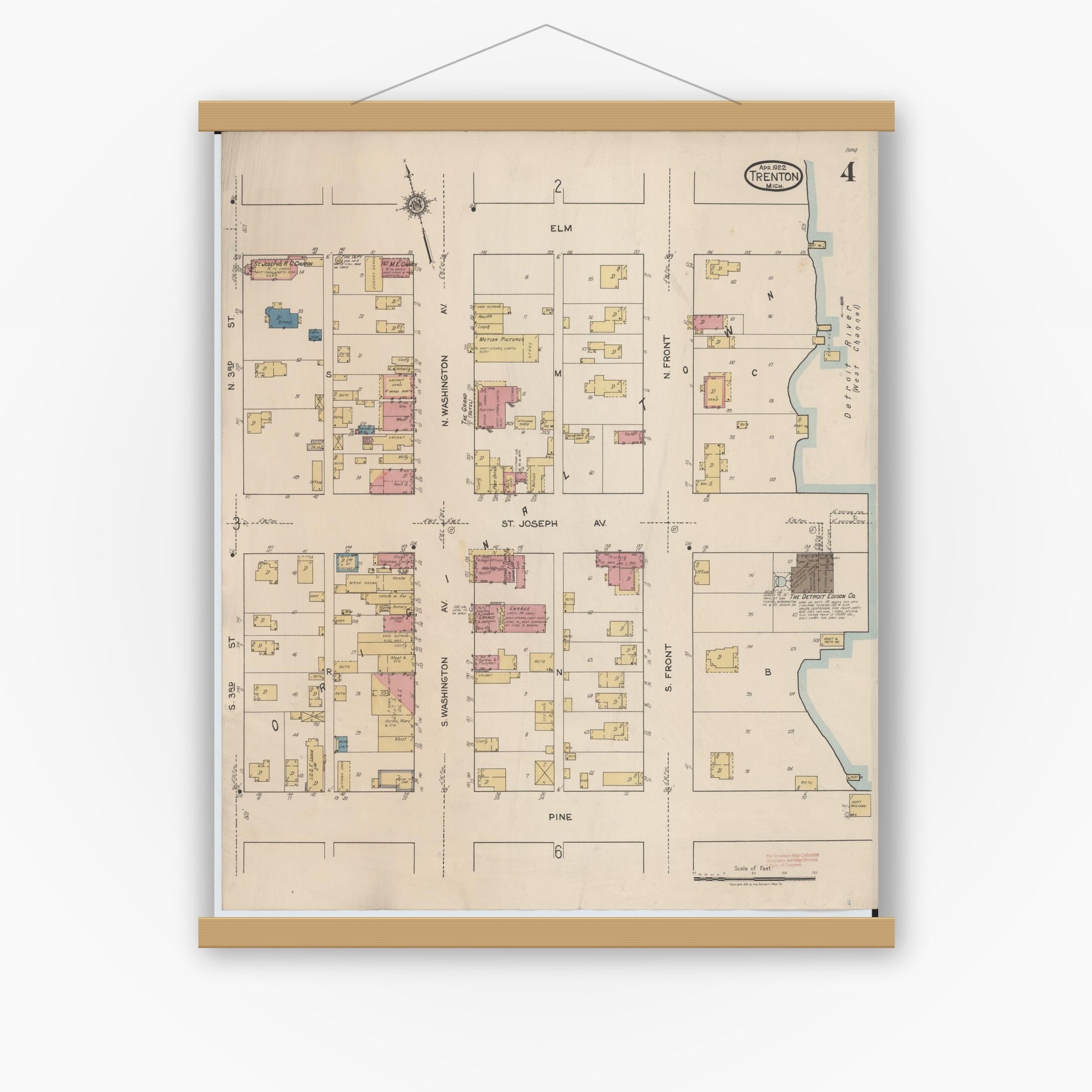Old map wall art mockup — magnetic wood frame on white wall — Sanborn Fire Insurance Map from Trenton, Wayne County, Michigan (1922), Sheet #0004