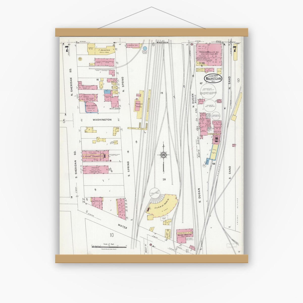 Old map wall art mockup — magnetic wood frame on white wall — Sanborn Fire Insurance Map from Waukegan, Lake County, Illinois (1924), Sheet #0007