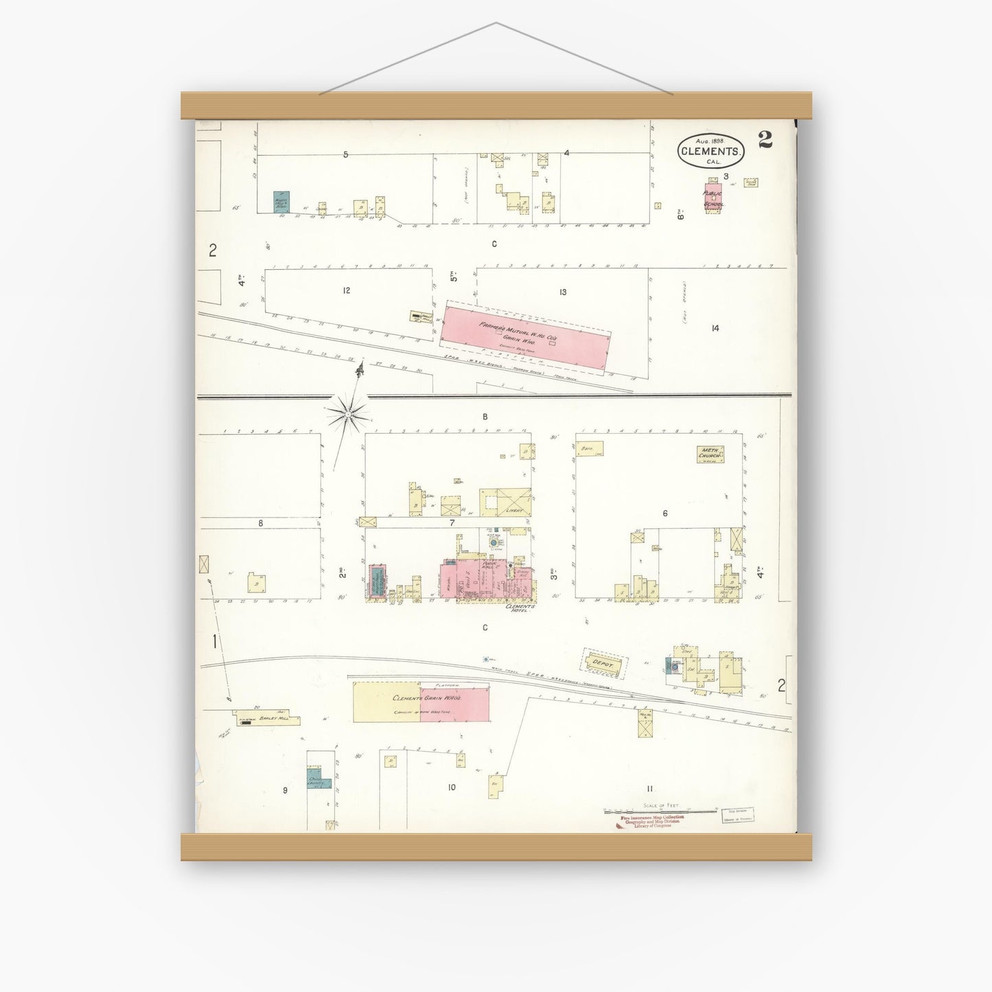 Old map wall art mockup — magnetic wood frame on white wall — Sanborn Fire Insurance Map from Clements, San Joaquin County, California (1898), Sheet #0002