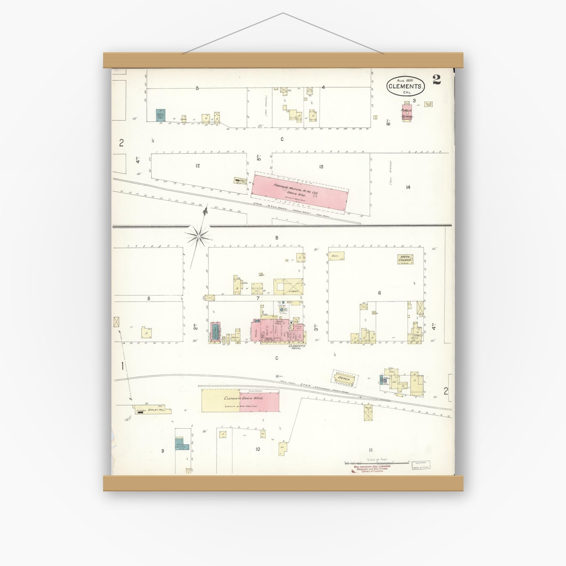 Old map wall art mockup — magnetic wood frame on white wall — Sanborn Fire Insurance Map from Clements, San Joaquin County, California (1898), Sheet #0002