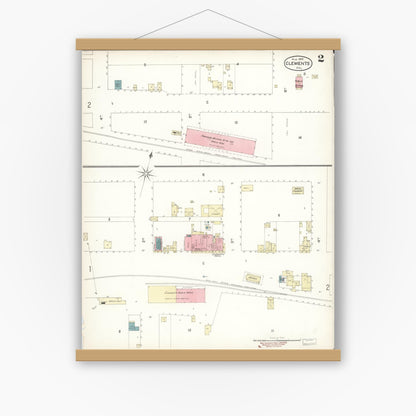 Old map wall art mockup — magnetic wood frame on white wall — Sanborn Fire Insurance Map from Clements, San Joaquin County, California (1898), Sheet #0002