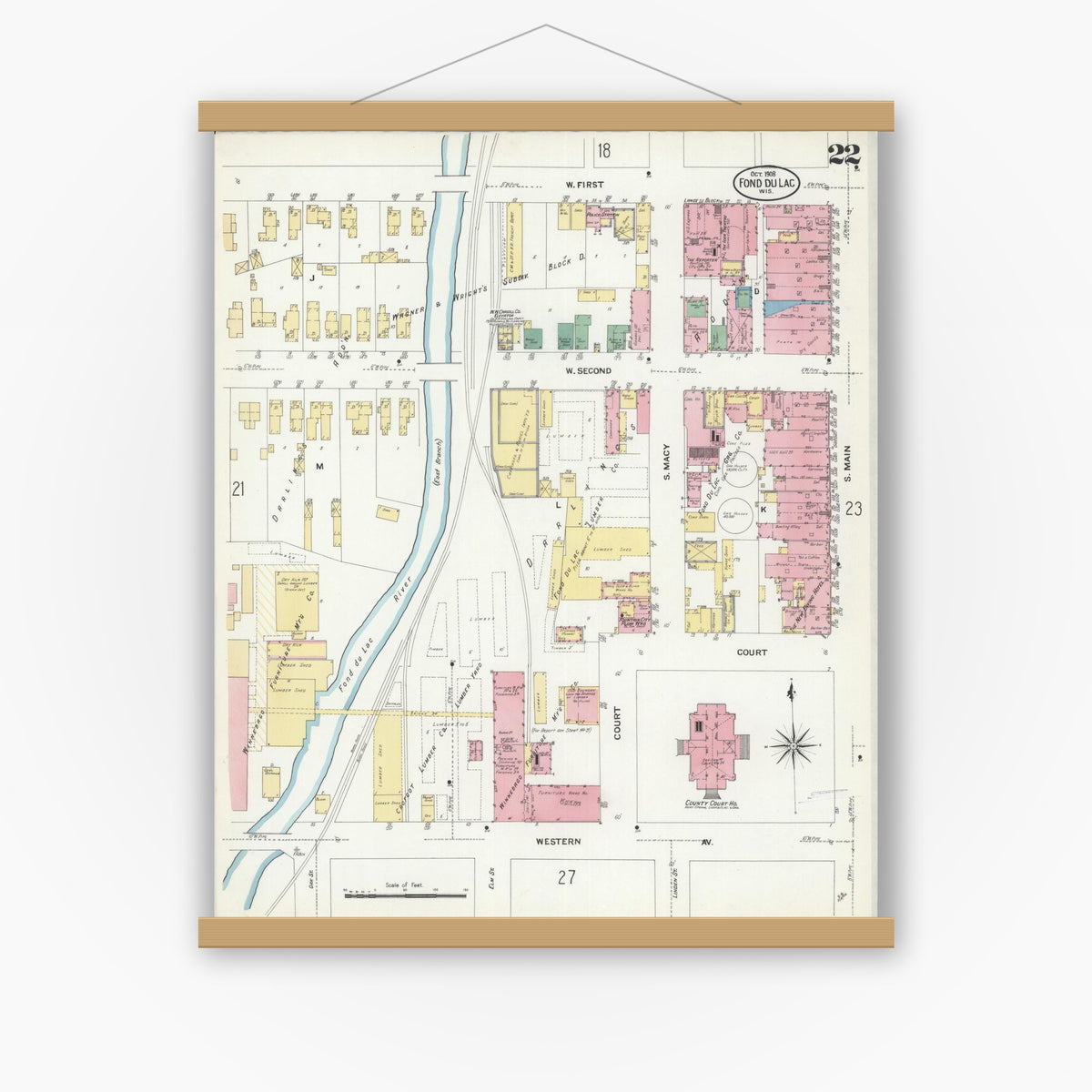 Old map wall art mockup — magnetic wood frame on white wall — Sanborn Fire Insurance Map from Fond du Lac, Fond du Lac County, Wisconsin (1908), Sheet #0022