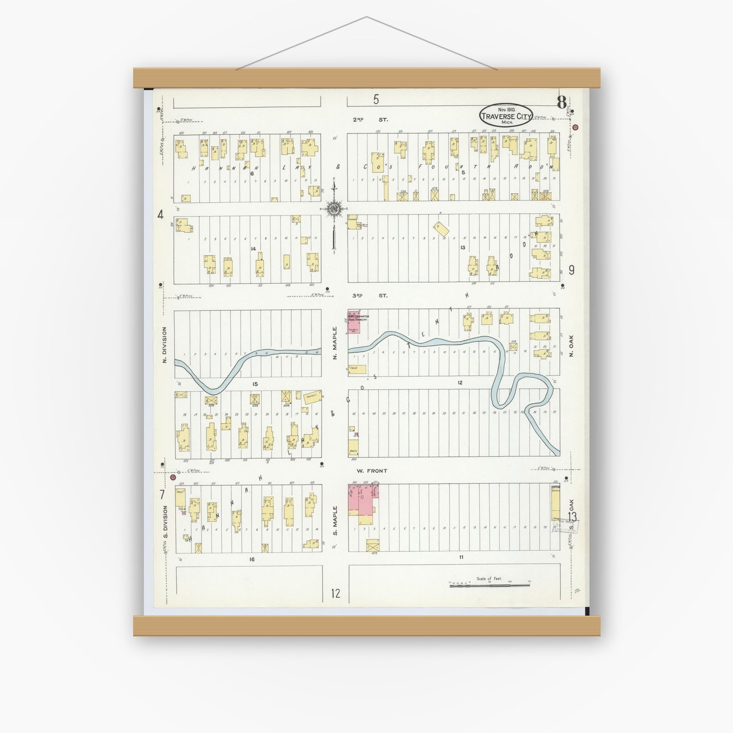 Old map wall art mockup — magnetic wood frame on white wall — Sanborn Fire Insurance Map from Traverse City, Grand Traverse County, Michigan (1910), Sheet #0008
