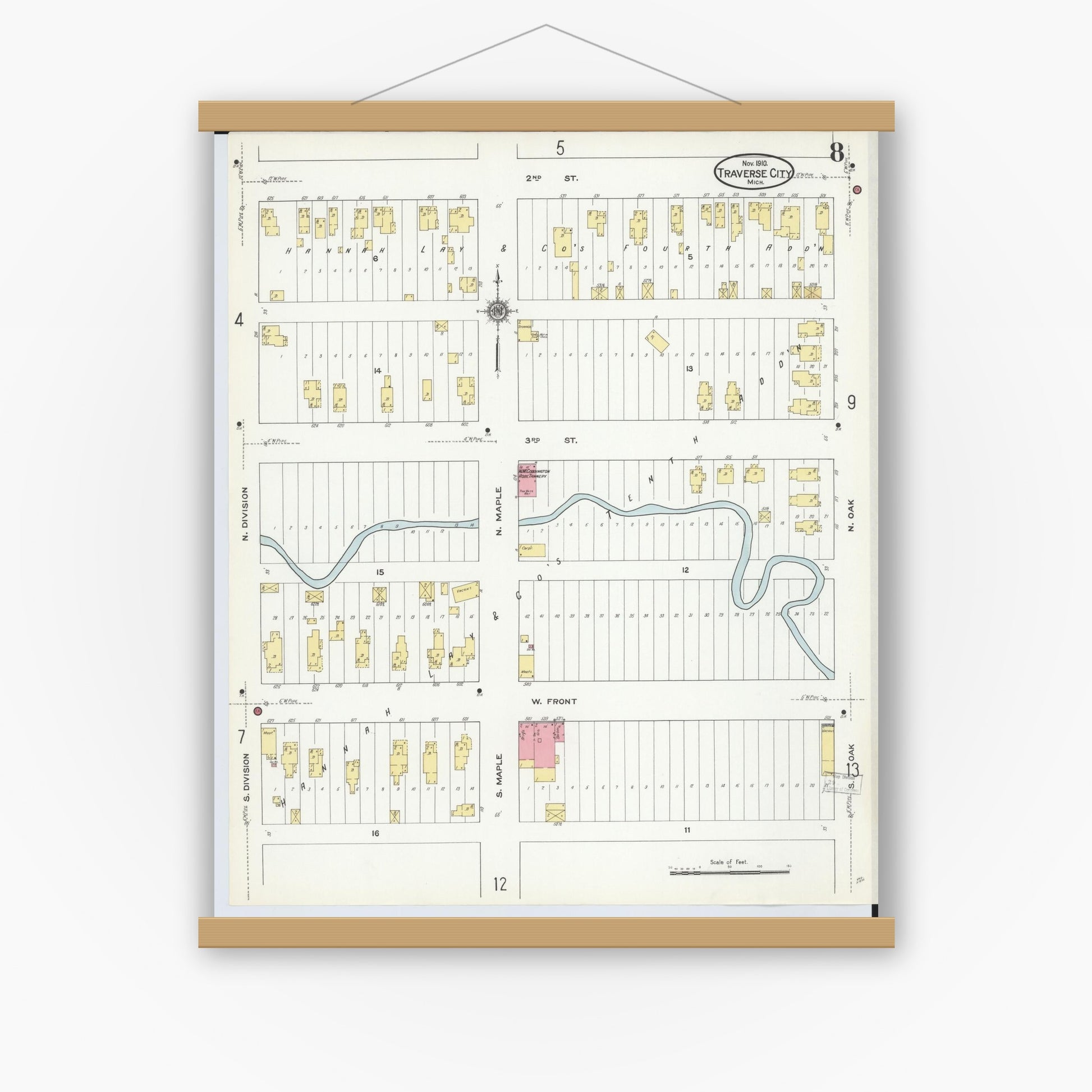 Old map wall art mockup — magnetic wood frame on white wall — Sanborn Fire Insurance Map from Traverse City, Grand Traverse County, Michigan (1910), Sheet #0008