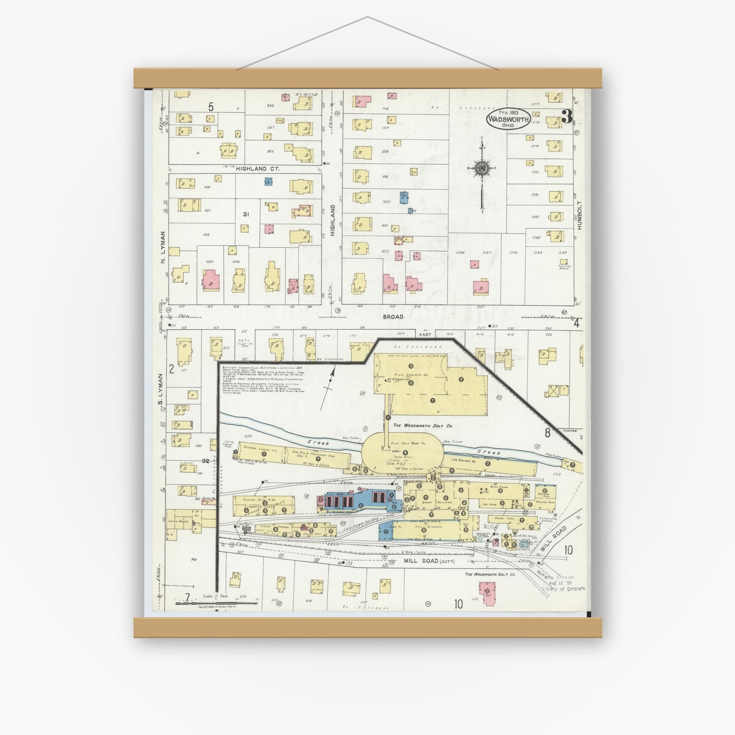 Old map wall art mockup — magnetic wood frame on white wall — Sanborn Fire Insurance Map from Wadsworth, Medina County, Ohio (1923), Sheet #0003