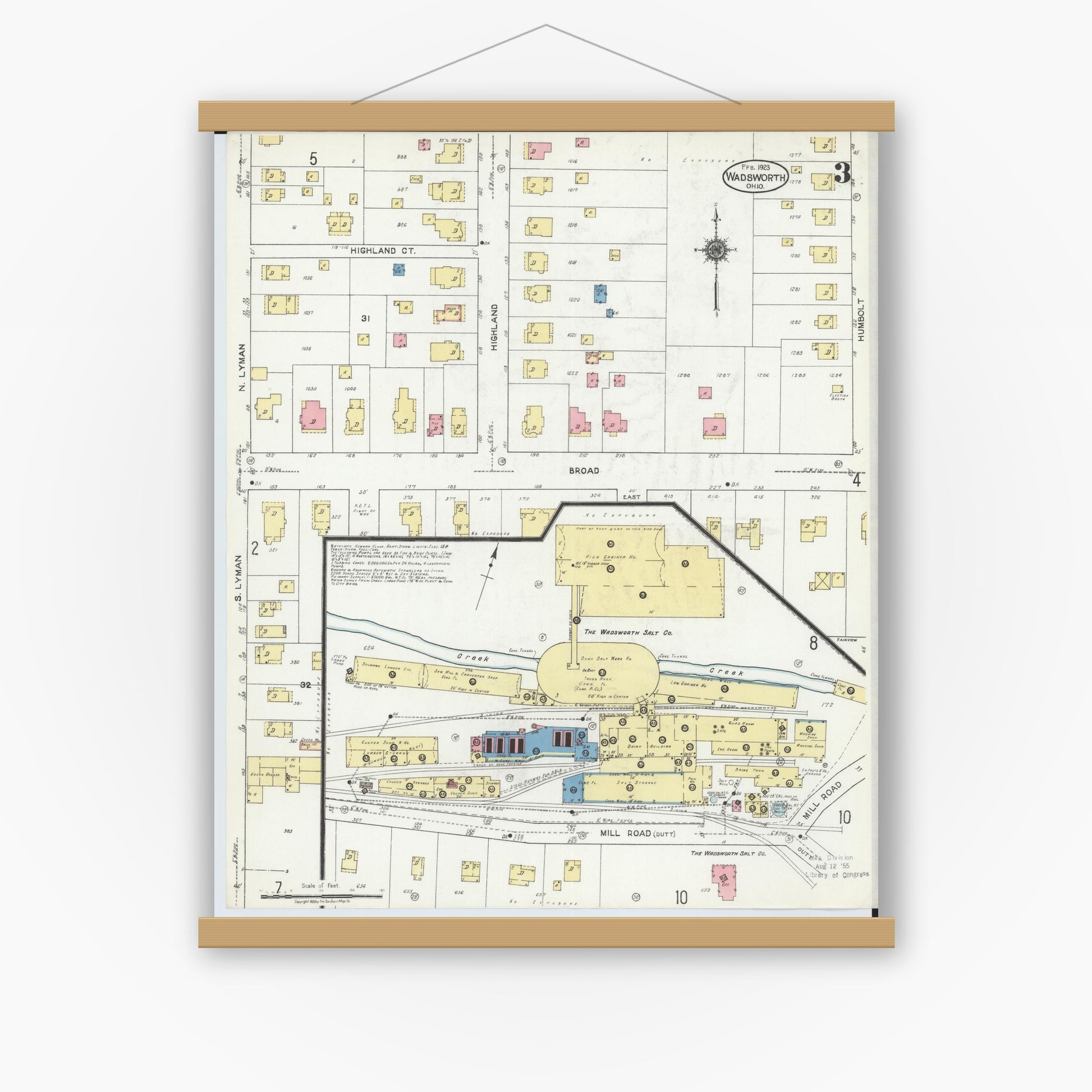 Old map wall art mockup — magnetic wood frame on white wall — Sanborn Fire Insurance Map from Wadsworth, Medina County, Ohio (1923), Sheet #0003