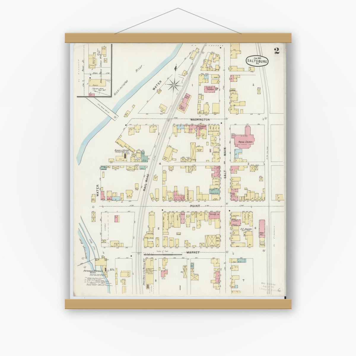 Old map wall art mockup — magnetic wood frame on white wall — Sanborn Fire Insurance Map from Saltsburg, Indiana County, Pennsylvania (1897), Sheet #0002