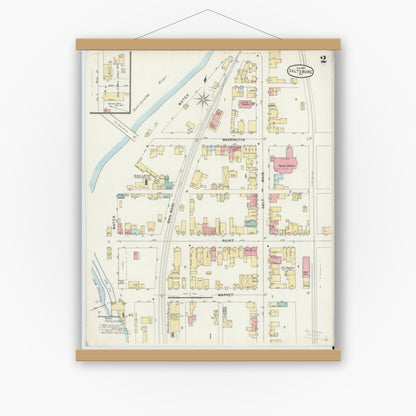 Old map wall art mockup — magnetic wood frame on white wall — Sanborn Fire Insurance Map from Saltsburg, Indiana County, Pennsylvania (1897), Sheet #0002