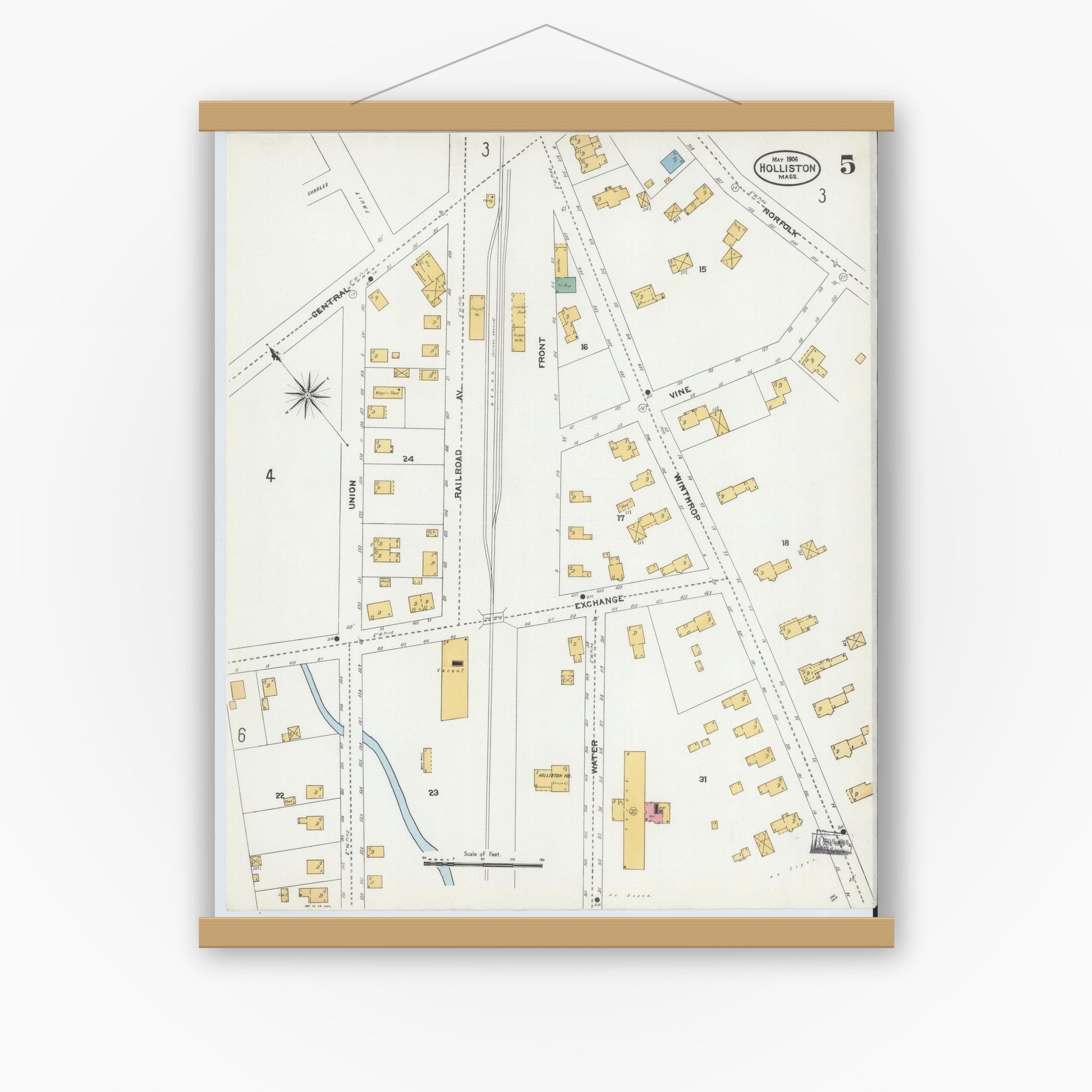 Old map wall art mockup — magnetic wood frame on white wall — Sanborn Fire Insurance Map from Holliston, Middlesex County, Massachusetts (1906), Sheet #0005