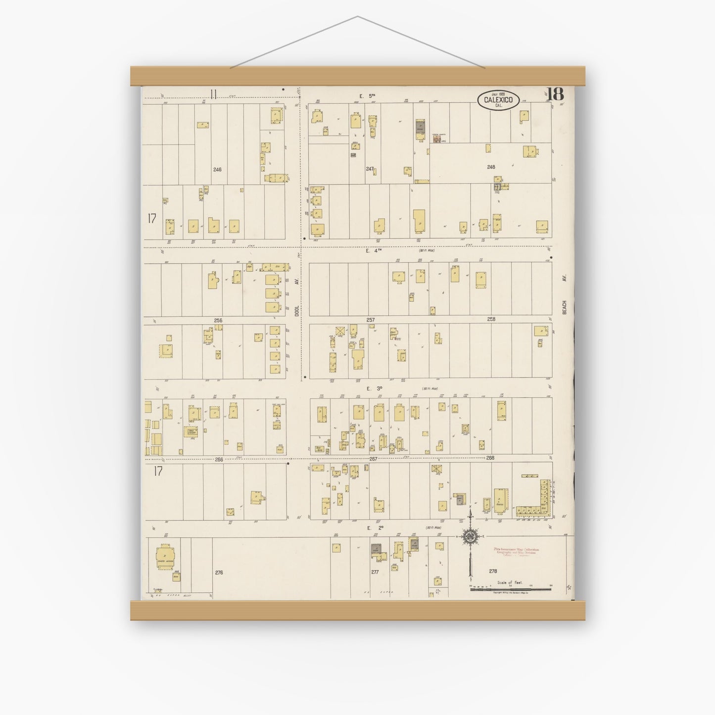 Old map wall art mockup — magnetic wood frame on white wall — Sanborn Fire Insurance Map from Calexico, Imperial County, California (1920), Sheet #0018