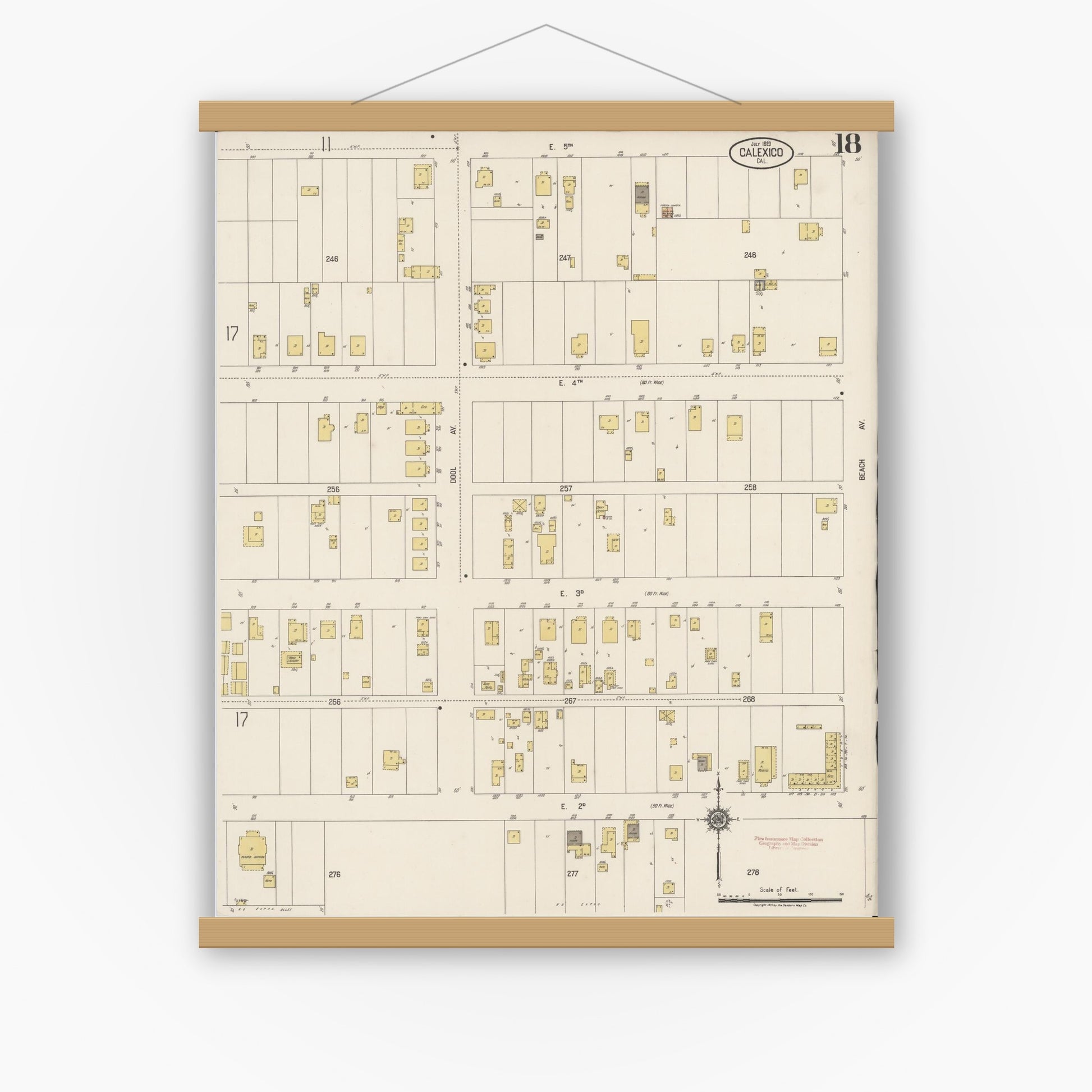 Old map wall art mockup — magnetic wood frame on white wall — Sanborn Fire Insurance Map from Calexico, Imperial County, California (1920), Sheet #0018