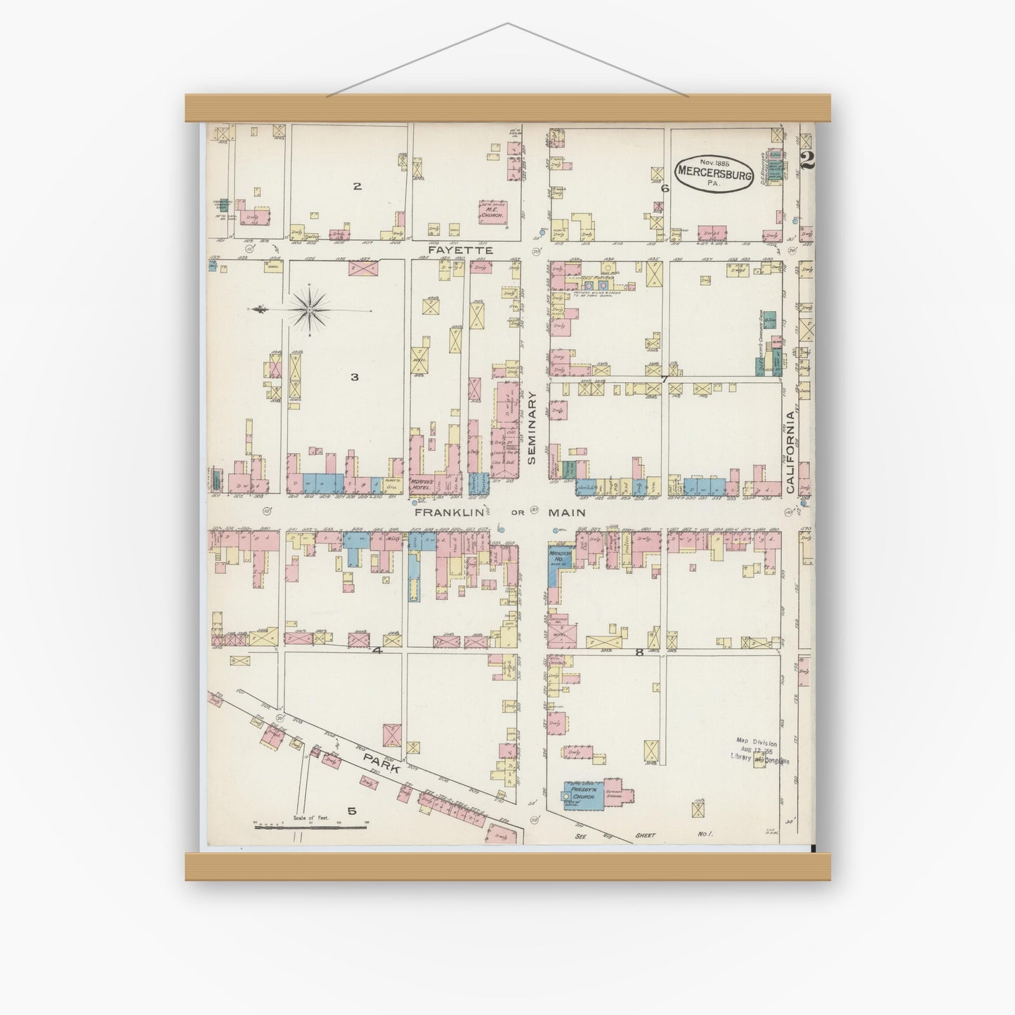 Old map wall art mockup — magnetic wood frame on white wall — Sanborn Fire Insurance Map from Mercersburg, Franklin County, Pennsylvania (1885), Sheet #0002