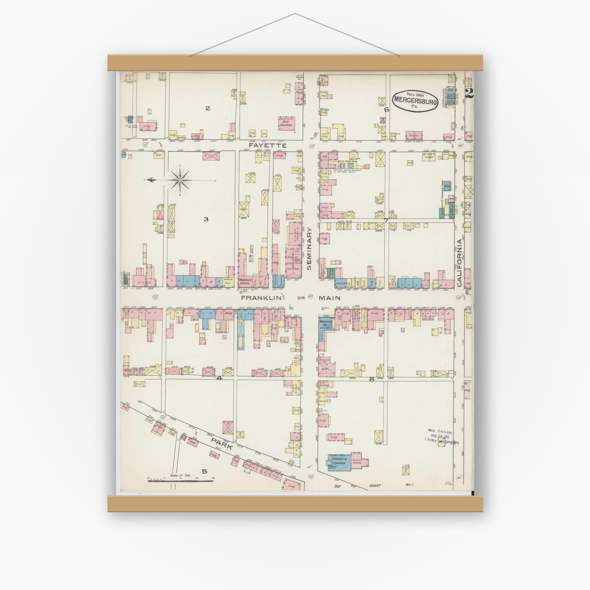 Old map wall art mockup — magnetic wood frame on white wall — Sanborn Fire Insurance Map from Mercersburg, Franklin County, Pennsylvania (1885), Sheet #0002