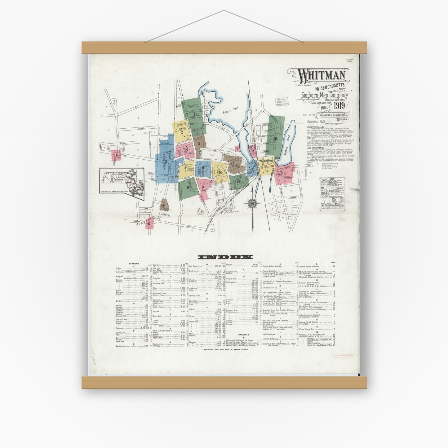 Old map wall art mockup — magnetic wood frame on white wall — Sanborn Fire Insurance Map from Whitman, Plymouth County, Massachusetts (1919) - Complete Map Set