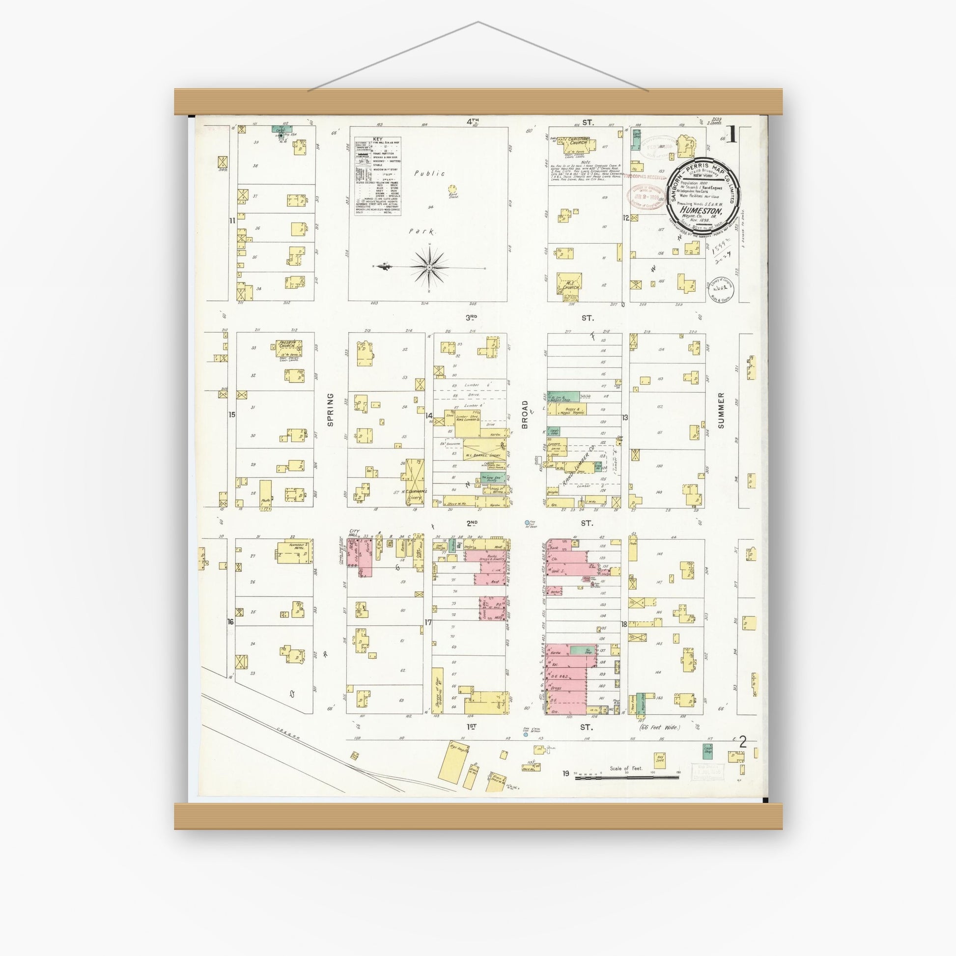 Old map wall art mockup — magnetic wood frame on white wall — Sanborn Fire Insurance Map from Humeston, Wayne County, Iowa (1898), Sheet #0001